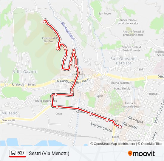 Percorso linea bus 52/