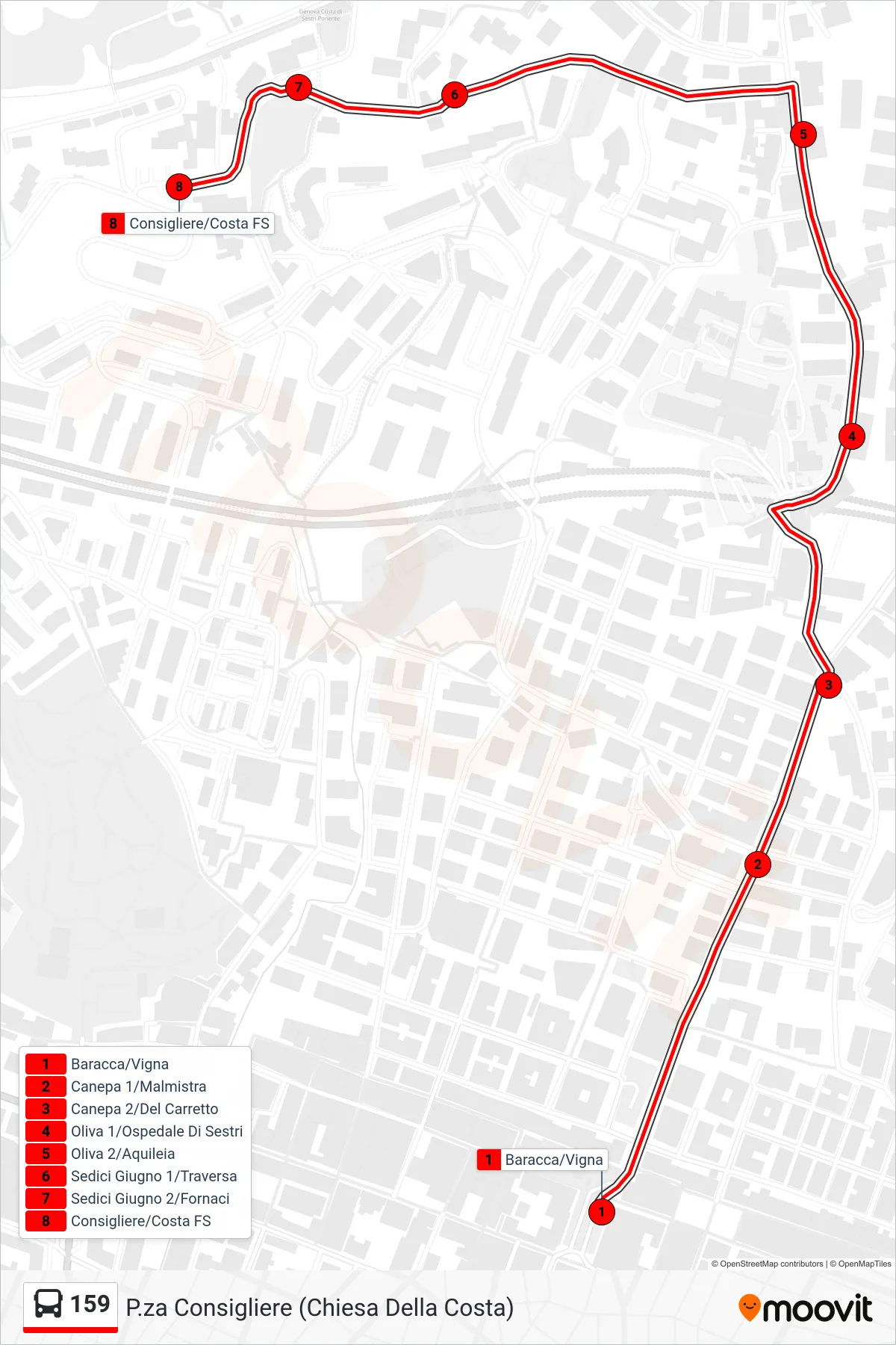 Linea 159  bus (P.za Consigliere (Chiesa Della Costa)) - Percorsi e fermate sulla mappa