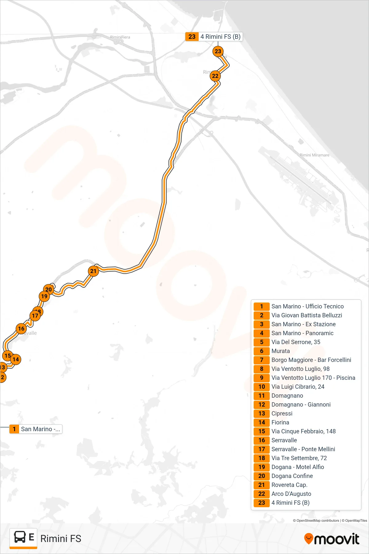 Linea E bus (Rimini FS) - Percorsi e fermate sulla mappa