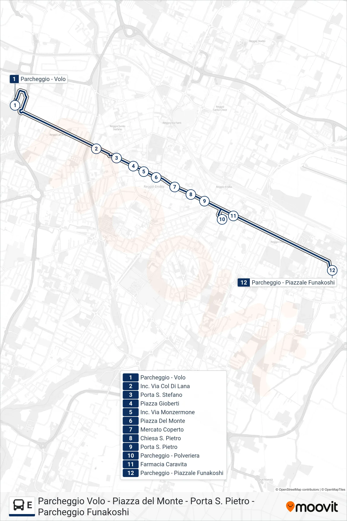 Linea E bus (Parcheggio - Volo→Parcheggio - Piazzale Funakoshi) - Percorsi e fermate sulla mappa