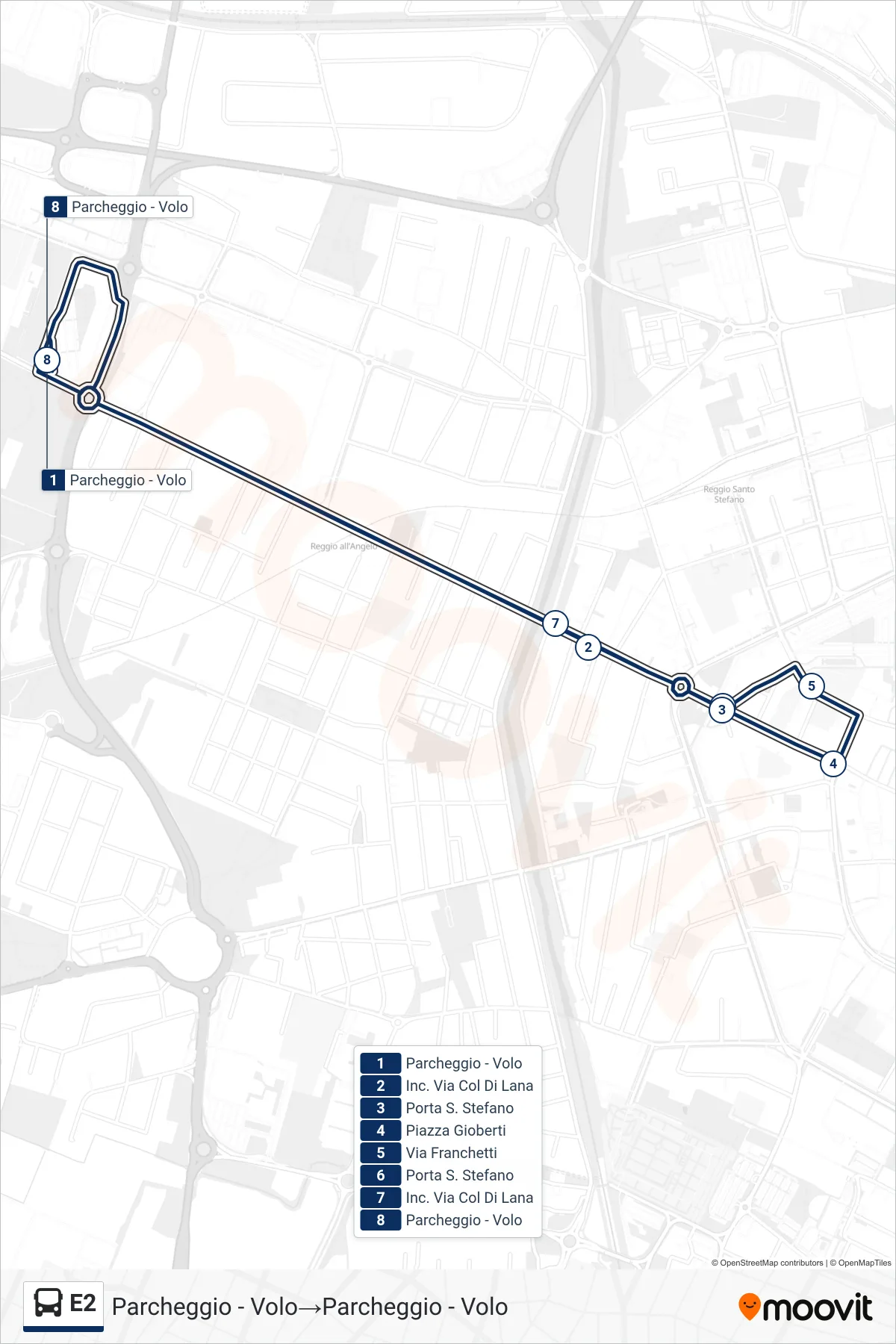 Linea E2  bus (Parcheggio - Volo‎→Parcheggio - Volo) - Percorsi e fermate sulla mappa