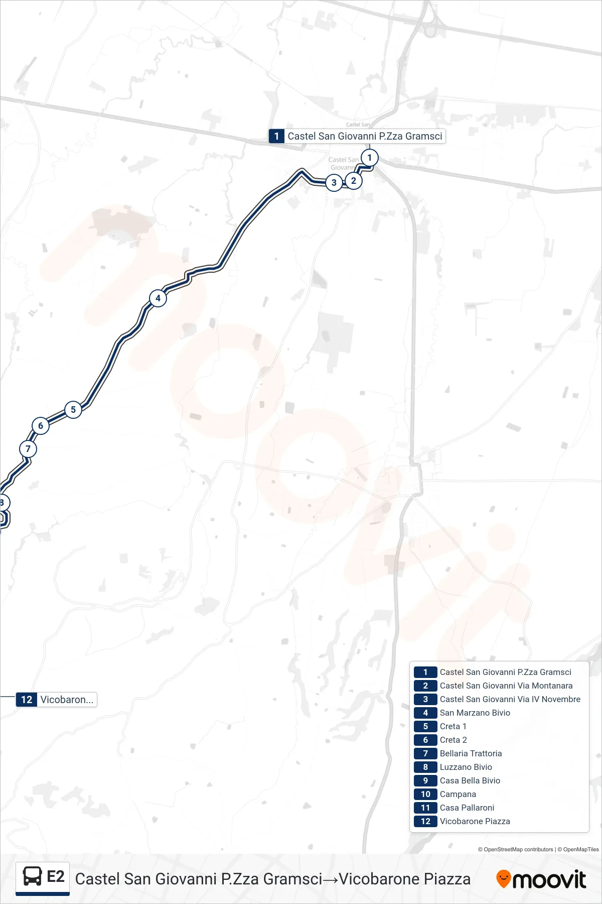 Linea E2 bus (Castel San Giovanni P.Zza Gramsci→Vicobarone Piazza) - Percorsi e fermate sulla mappa