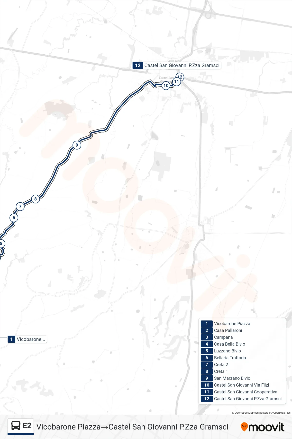 Linea E2 bus (Vicobarone Piazza→Castel San Giovanni P.Zza Gramsci) - Percorsi e fermate sulla mappa