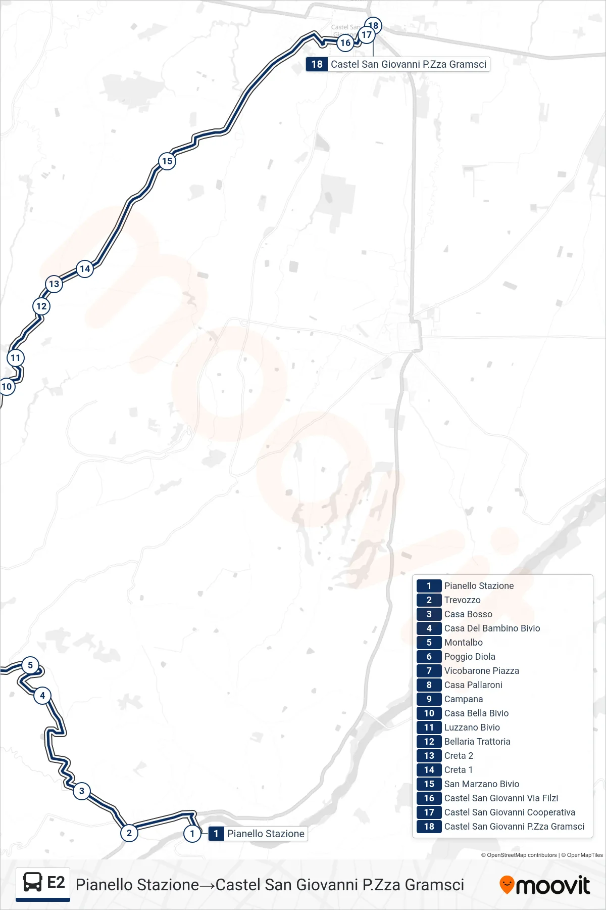 Linea E2 bus (Pianello Stazione→Castel San Giovanni P.Zza Gramsci) - Percorsi e fermate sulla mappa