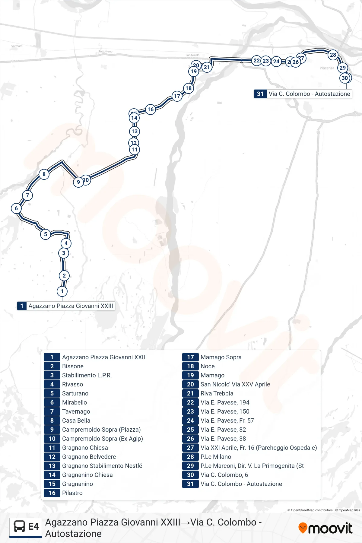 Linea E4 bus (Agazzano Piazza Giovanni XXIII→Via C. Colombo - Autostazione) - Percorsi e fermate sulla mappa