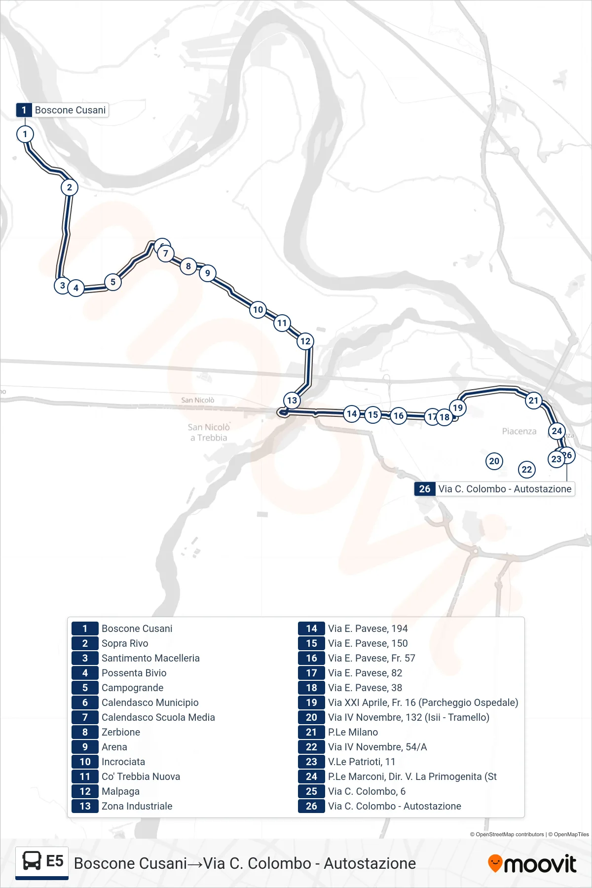 Linea E5  bus (Boscone Cusani‎→Via C. Colombo - Autostazione) - Percorsi e fermate sulla mappa