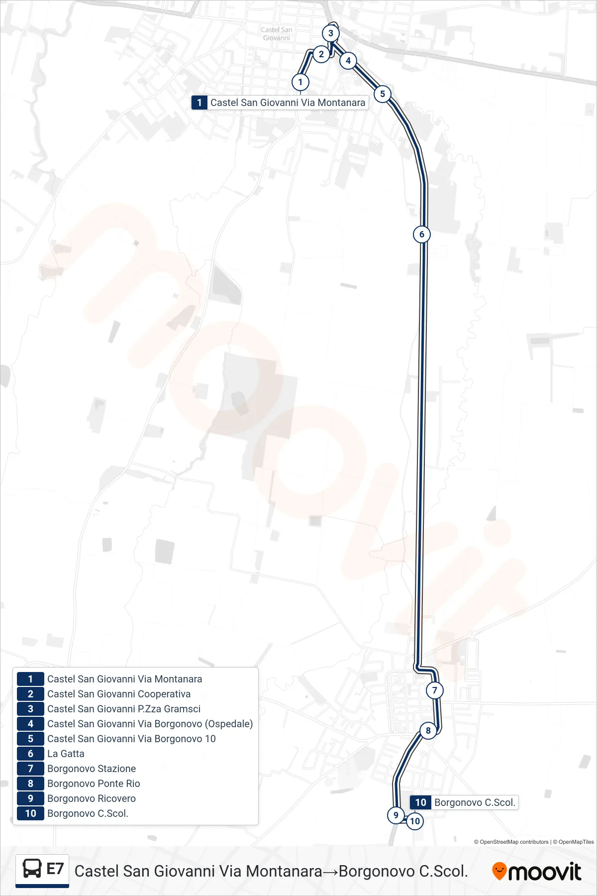 Linea E7 bus (Castel San Giovanni Via Montanara→Borgonovo C.Scol.) - Percorsi e fermate sulla mappa