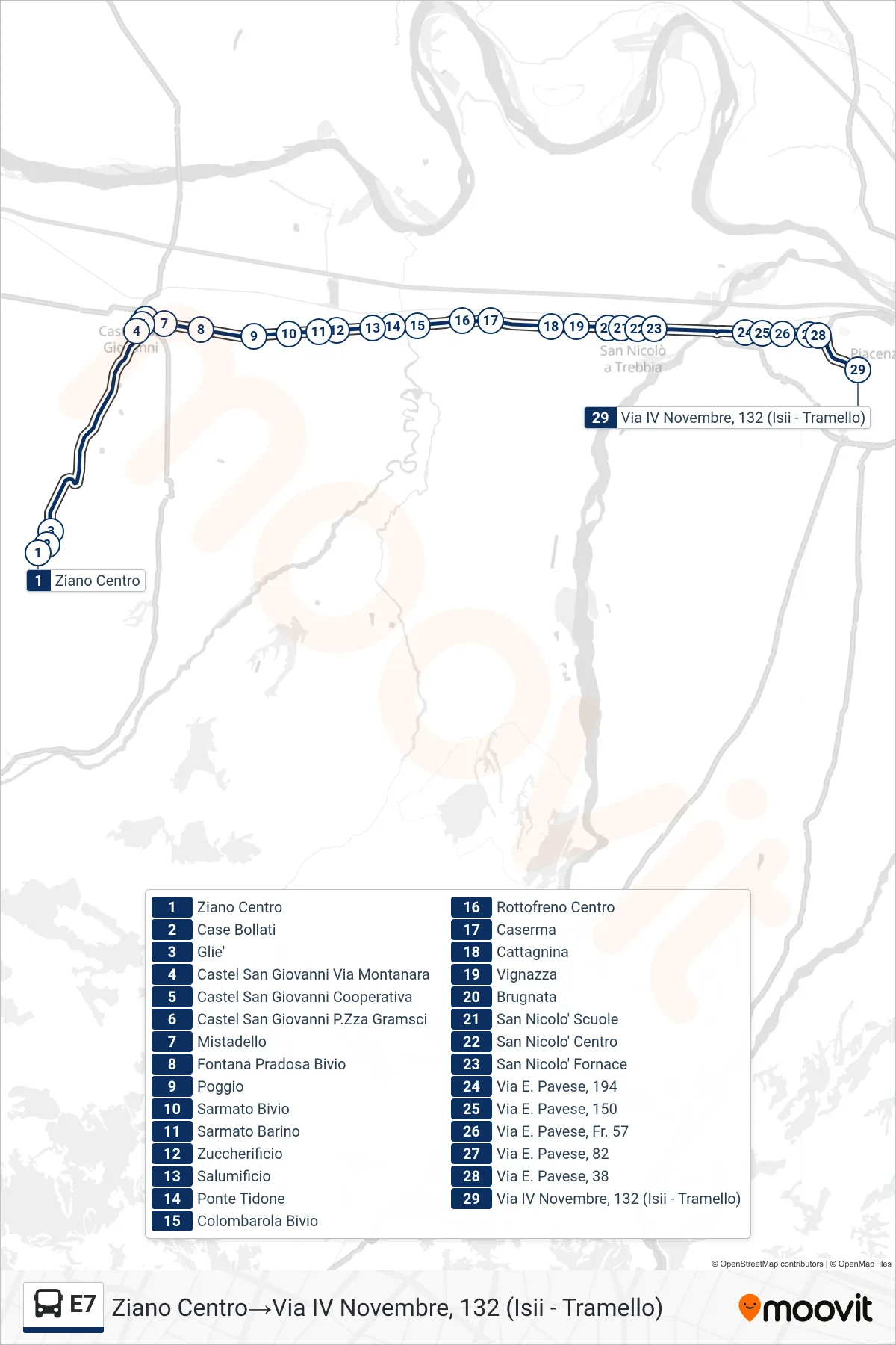 Linea E7 bus (Ziano Centro→Via IV Novembre, 132 (Isii - Tramello)) - Percorsi e fermate sulla mappa