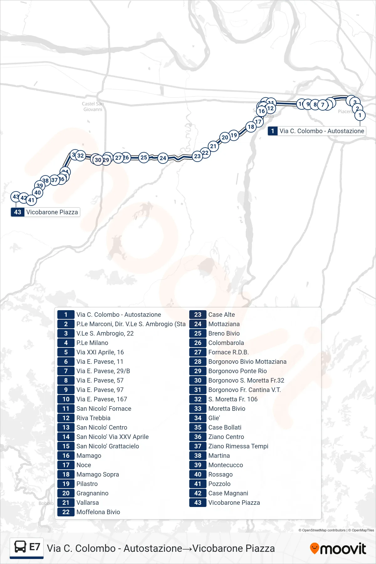 Linea E7  bus (Via C. Colombo - Autostazione‎→Vicobarone Piazza) - Percorsi e fermate sulla mappa