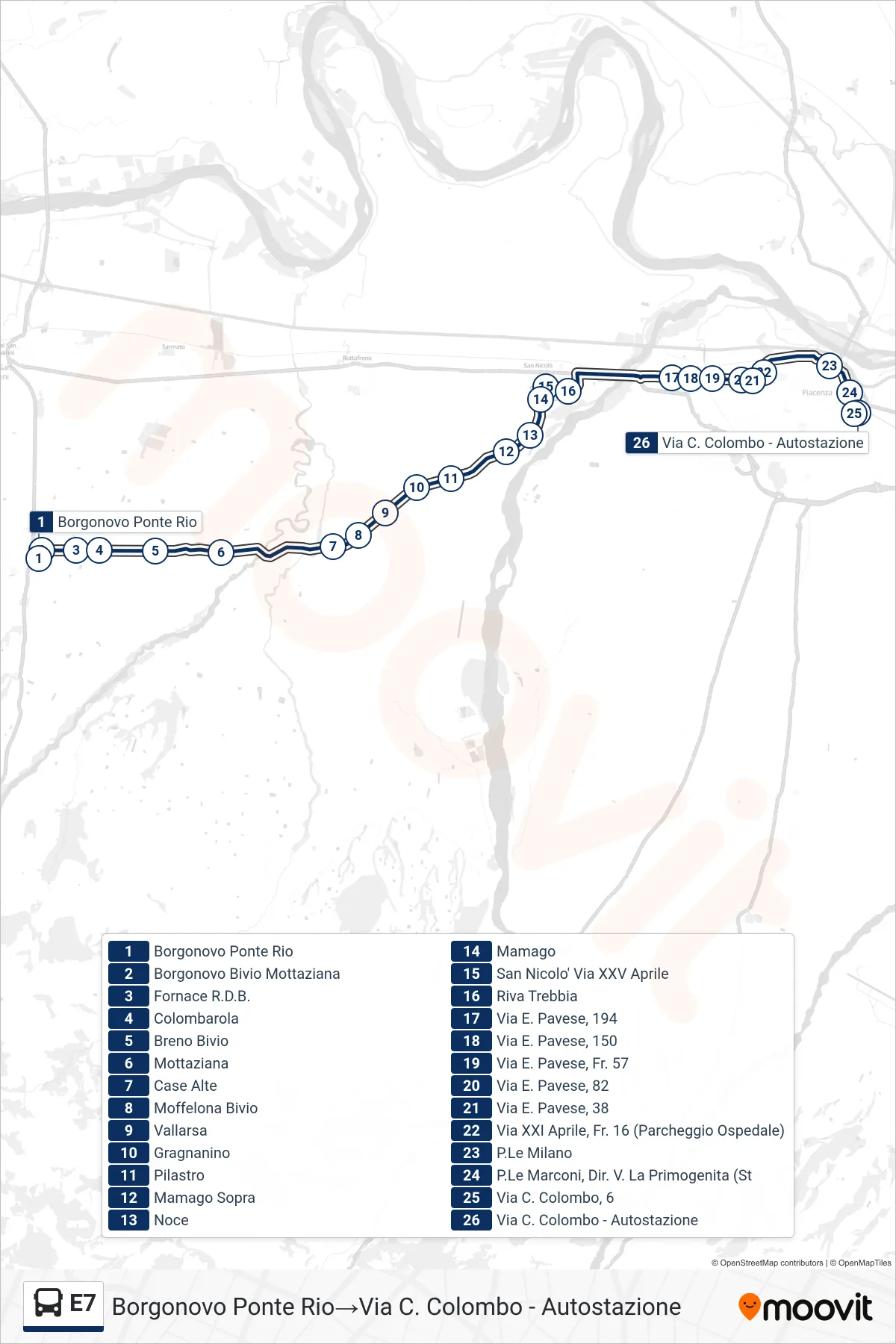 Linea E7 bus (Borgonovo Ponte Rio→Via C. Colombo - Autostazione) - Percorsi e fermate sulla mappa