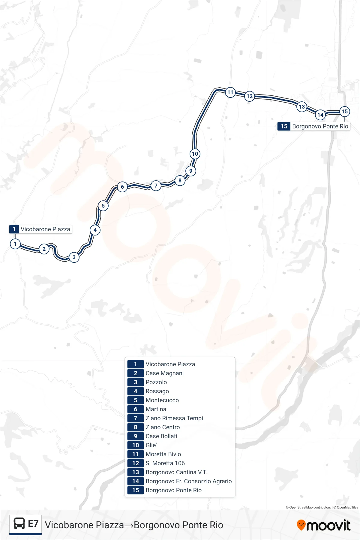 Linea E7  bus (Vicobarone Piazza‎→Borgonovo Ponte Rio) - Percorsi e fermate sulla mappa