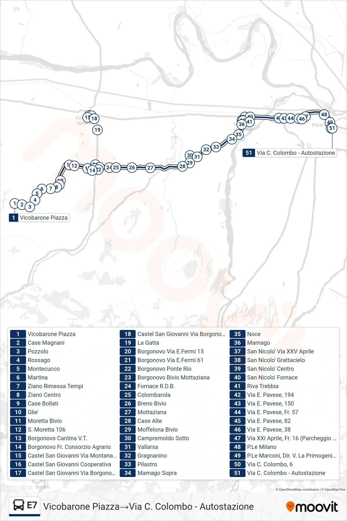 Linea E7  bus (Vicobarone Piazza‎→Via C. Colombo - Autostazione) - Percorsi e fermate sulla mappa