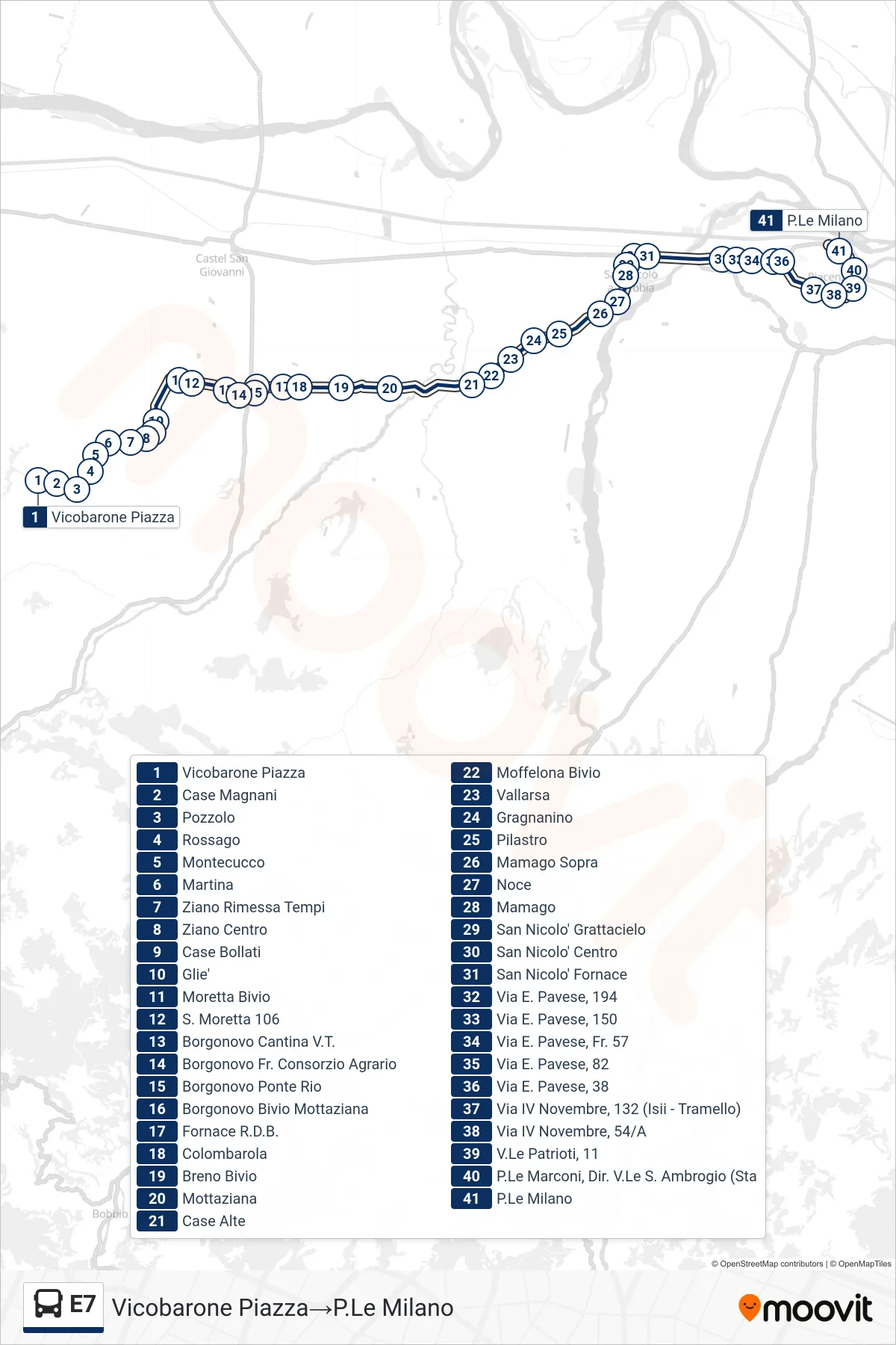 Linea E7  bus (Vicobarone Piazza‎→P.Le Milano) - Percorsi e fermate sulla mappa