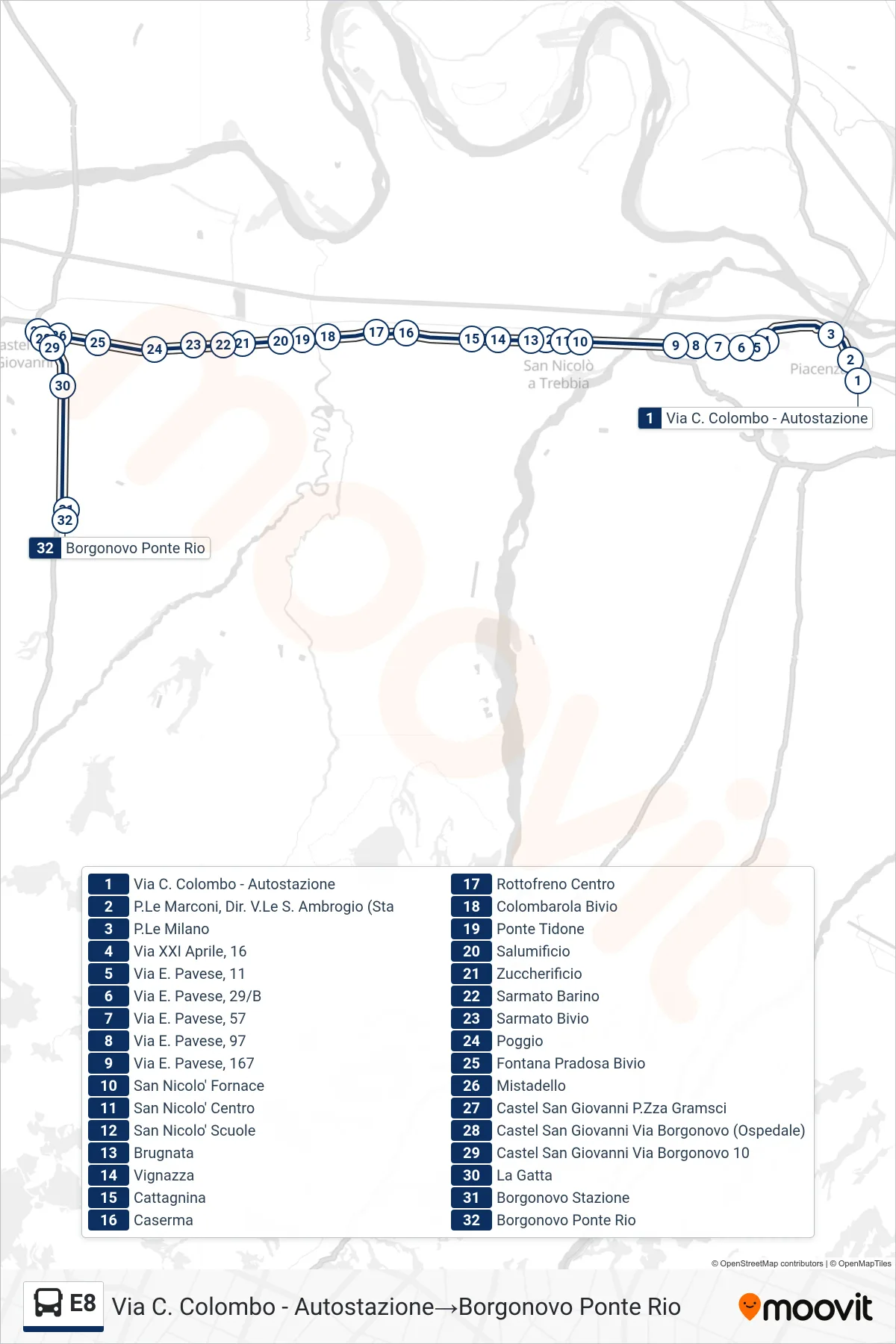 Linea E8 bus (Via C. Colombo - Autostazione→Borgonovo Ponte Rio) - Percorsi e fermate sulla mappa