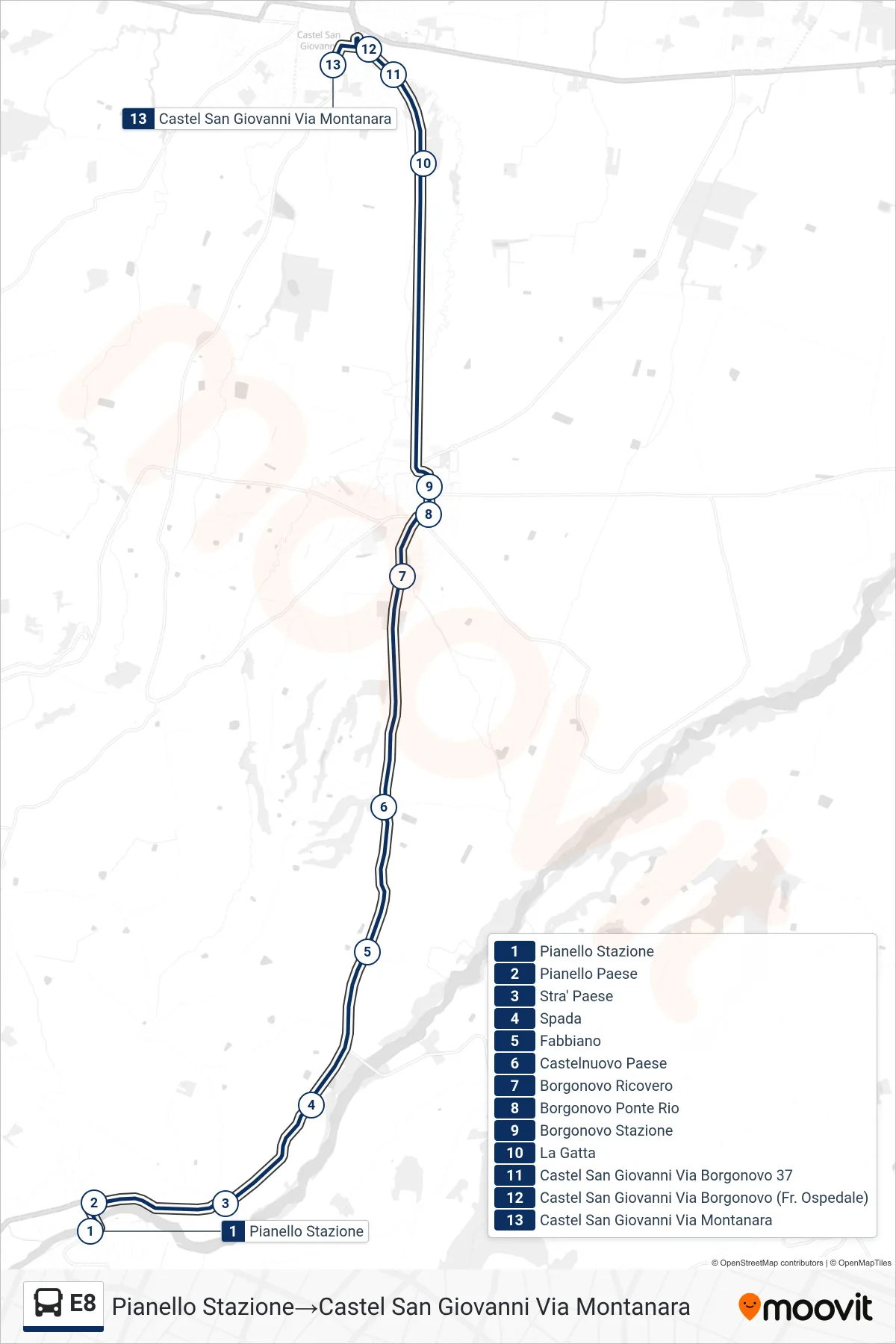 Linea E8 bus (Pianello Stazione→Castel San Giovanni Via Montanara) - Percorsi e fermate sulla mappa
