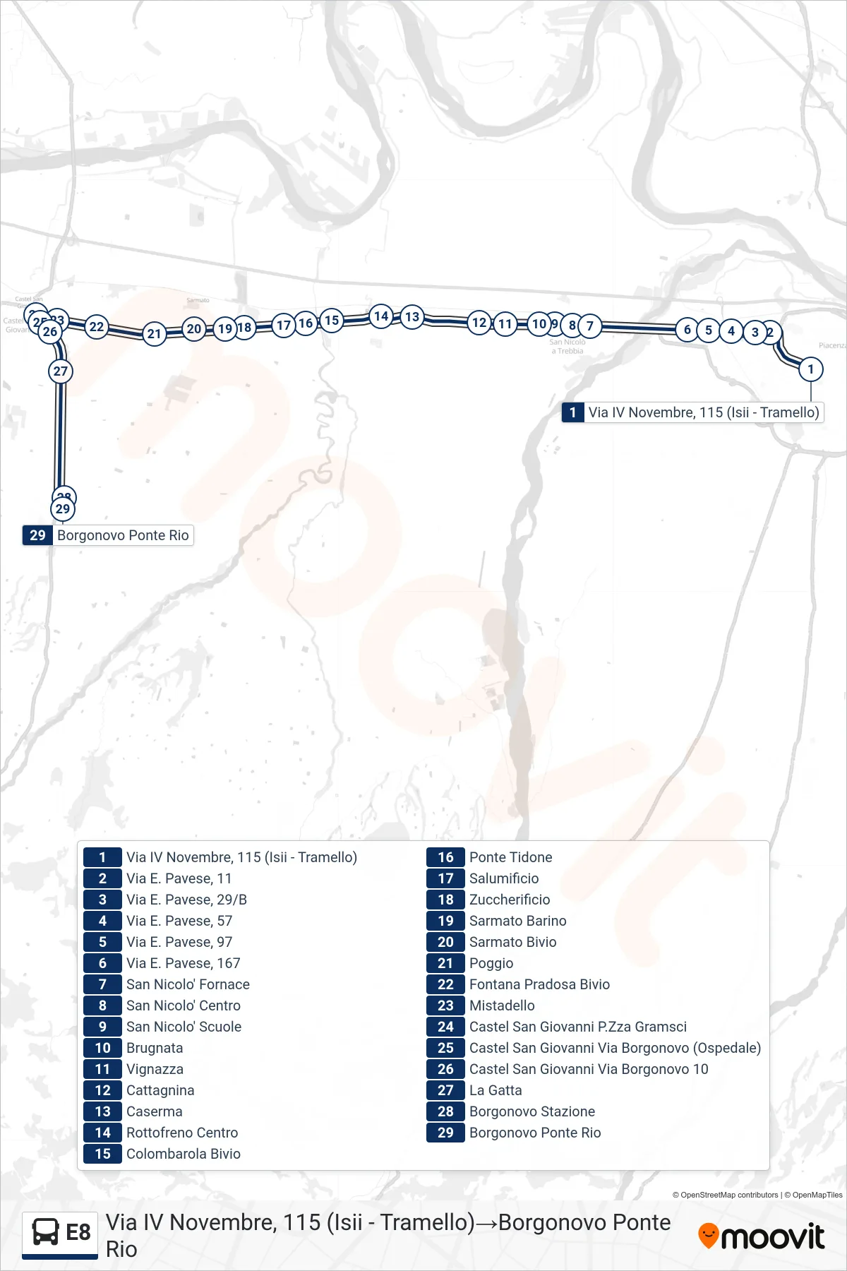 Linea E8  bus (Via IV Novembre, 115 (Isii - Tramello)‎→Borgonovo Ponte Rio) - Percorsi e fermate sulla mappa