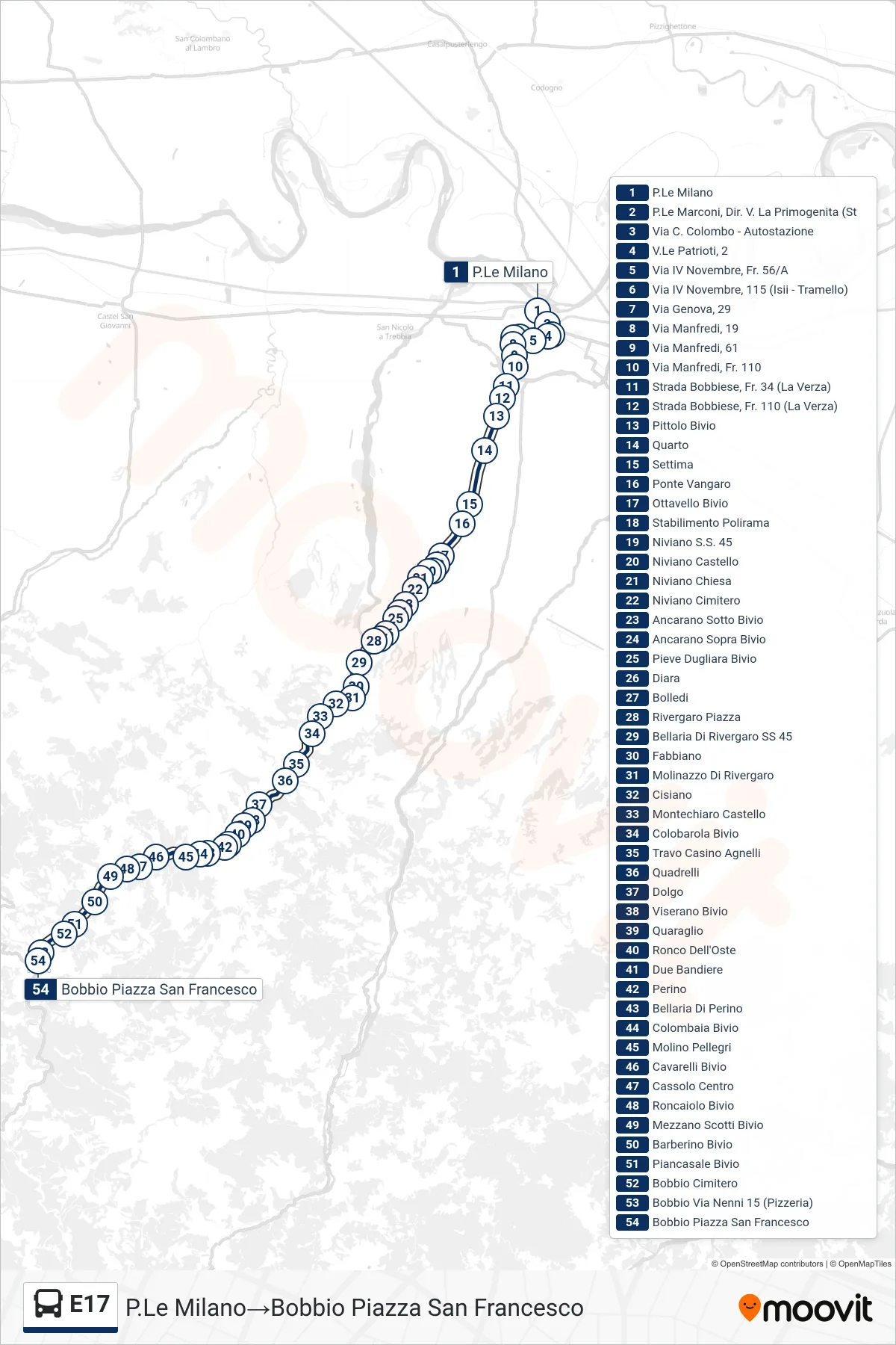 Linea E17 bus (P.Le Milano→Bobbio Piazza San Francesco) - Percorsi e fermate sulla mappa