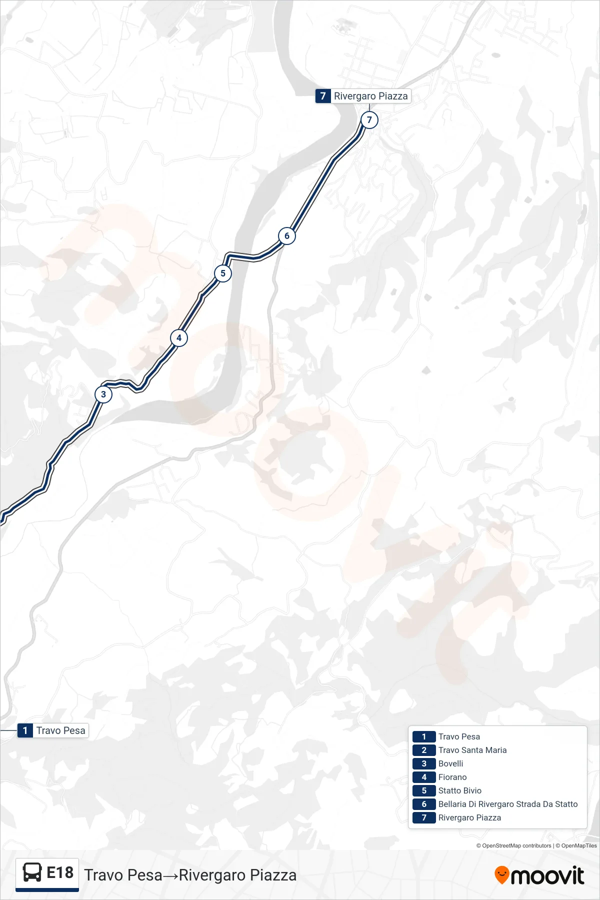 Linea E18  bus (Travo Pesa‎→Rivergaro Piazza) - Percorsi e fermate sulla mappa