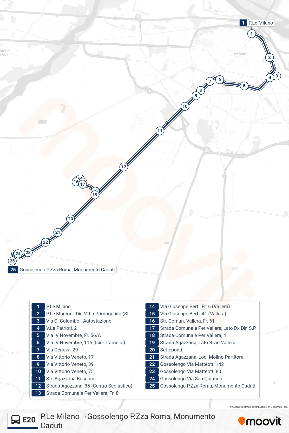 Linea E20  bus (P.Le Milano‎→Gossolengo P.Zza Roma, Monumento Caduti) - Percorsi e fermate sulla mappa