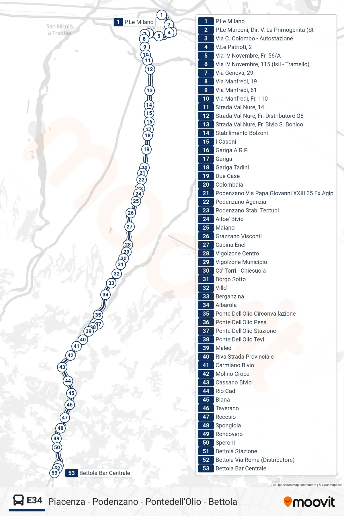 Linea E34 bus (P.Le Milano→Bettola Bar Centrale) - Percorsi e fermate sulla mappa