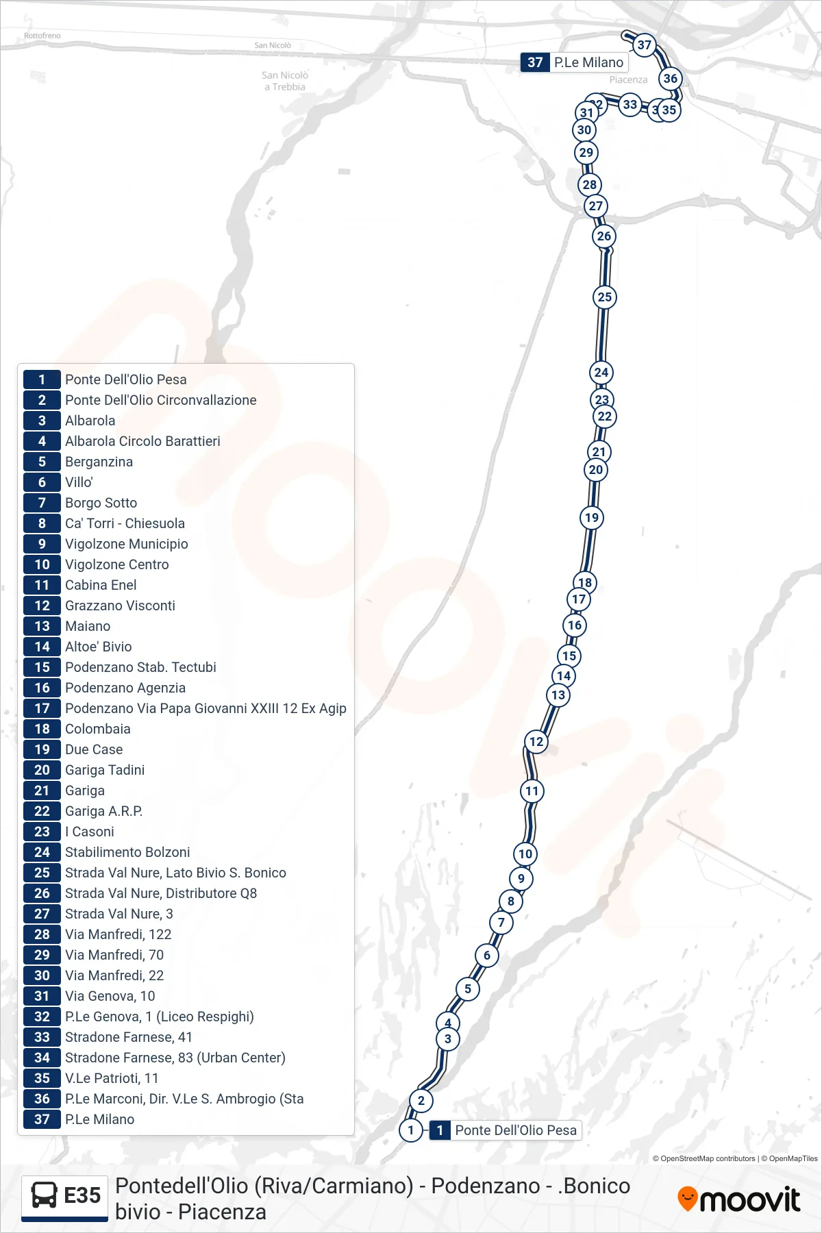 Linea E35 bus (Ponte Dell'Olio Pesa→P.Le Milano) - Percorsi e fermate sulla mappa