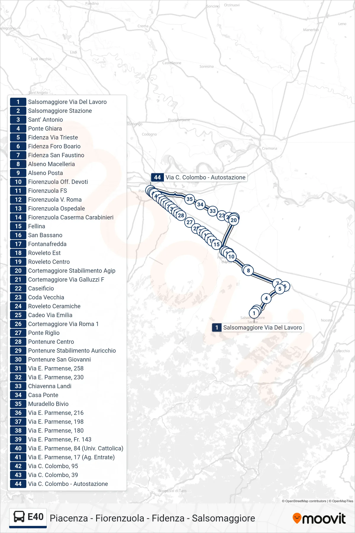 Linea E40 bus (Salsomaggiore Via Del Lavoro→Via C. Colombo - Autostazione) - Percorsi e fermate sulla mappa
