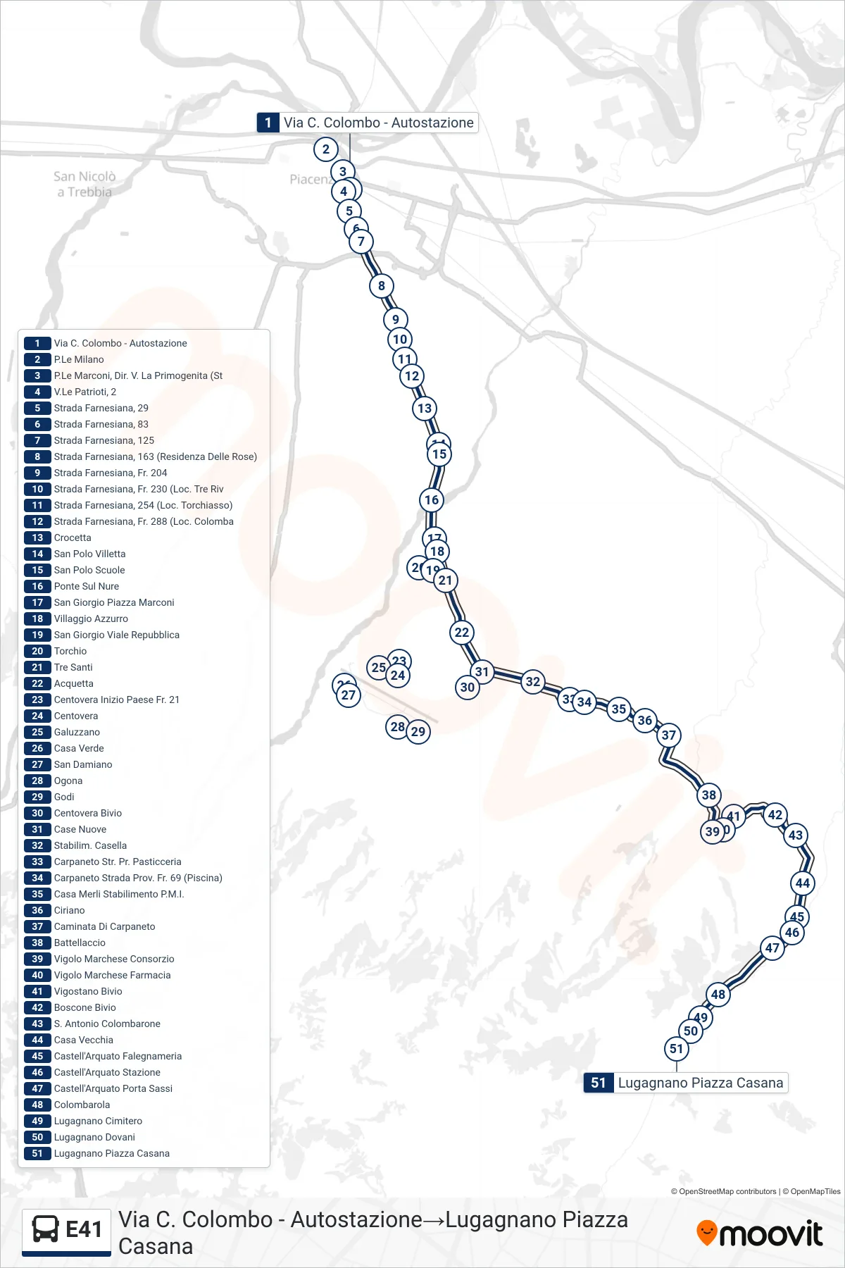 Linea E41 bus (Via C. Colombo - Autostazione→Lugagnano Piazza Casana) - Percorsi e fermate sulla mappa