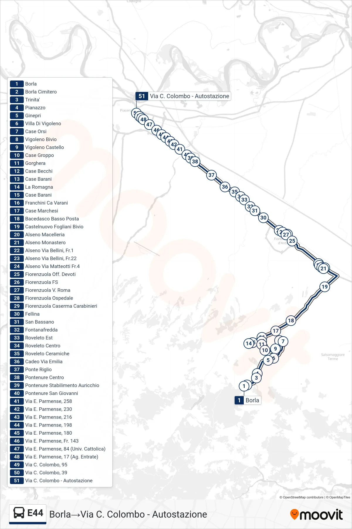 Linea E44  bus (Borla‎→Via C. Colombo - Autostazione) - Percorsi e fermate sulla mappa