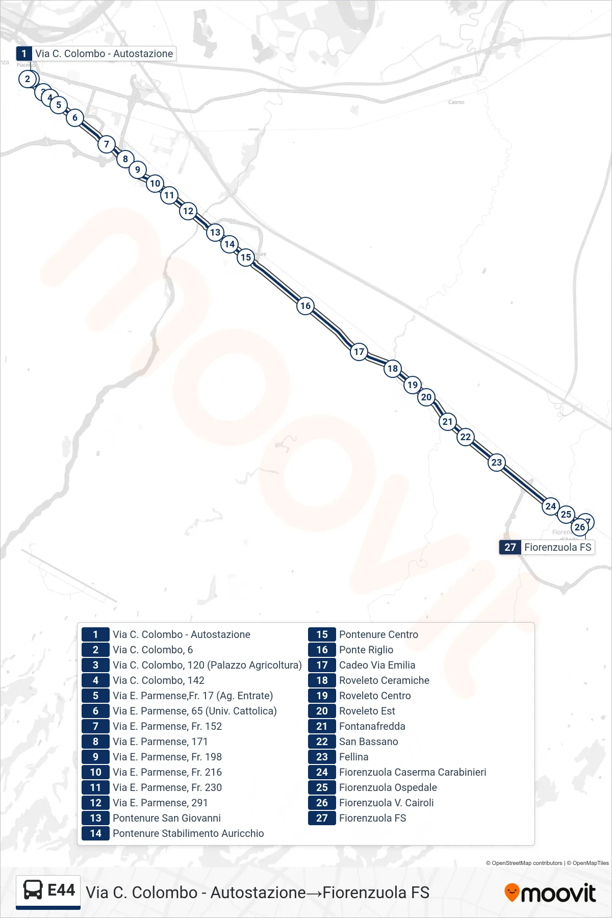 Linea E44  bus (Via C. Colombo - Autostazione‎→Fiorenzuola  FS) - Percorsi e fermate sulla mappa