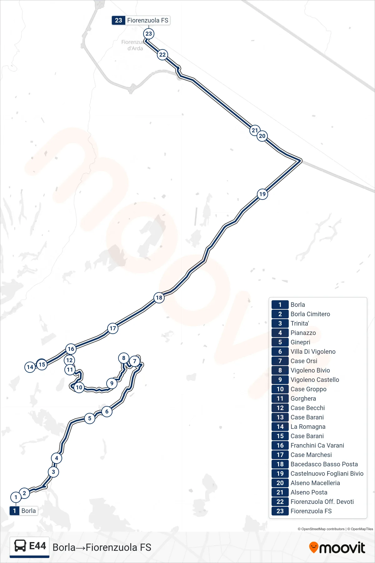 Linea E44  bus (Borla‎→Fiorenzuola  FS) - Percorsi e fermate sulla mappa