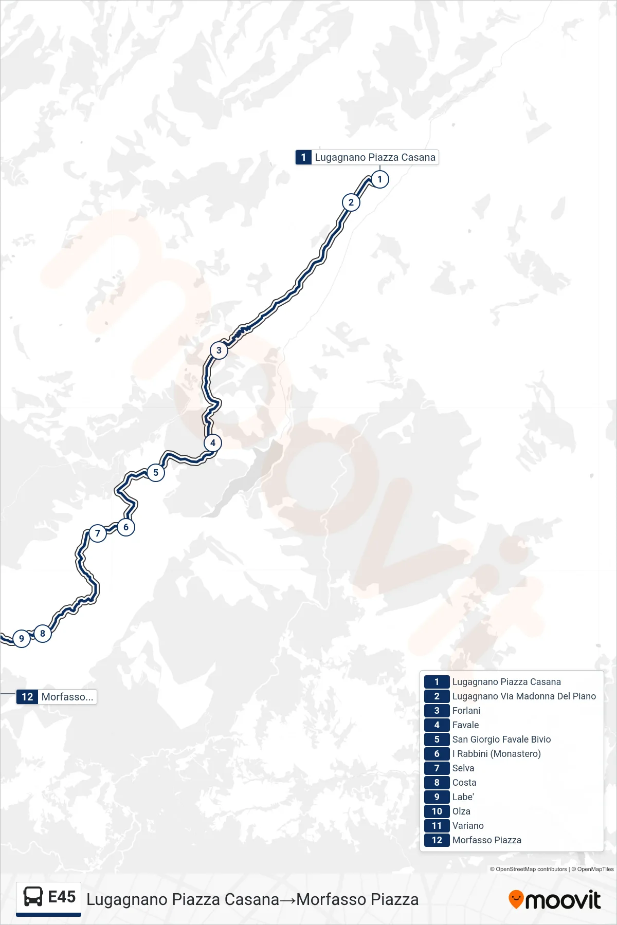 Linea E45  bus (Lugagnano Piazza Casana‎→Morfasso Piazza) - Percorsi e fermate sulla mappa