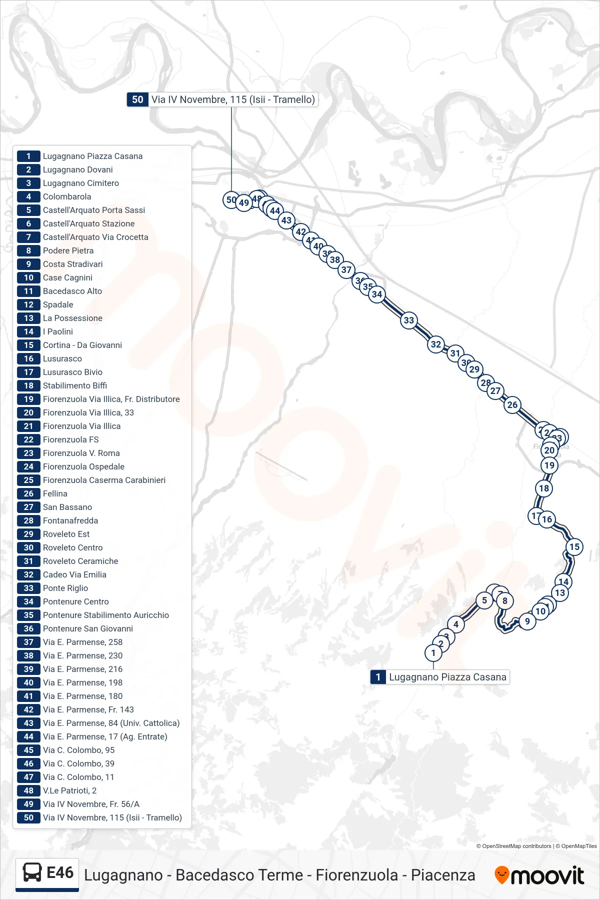 Linea E46 bus (Lugagnano Piazza Casana→Via IV Novembre, 115 (Isii - Tramello)) - Percorsi e fermate sulla mappa