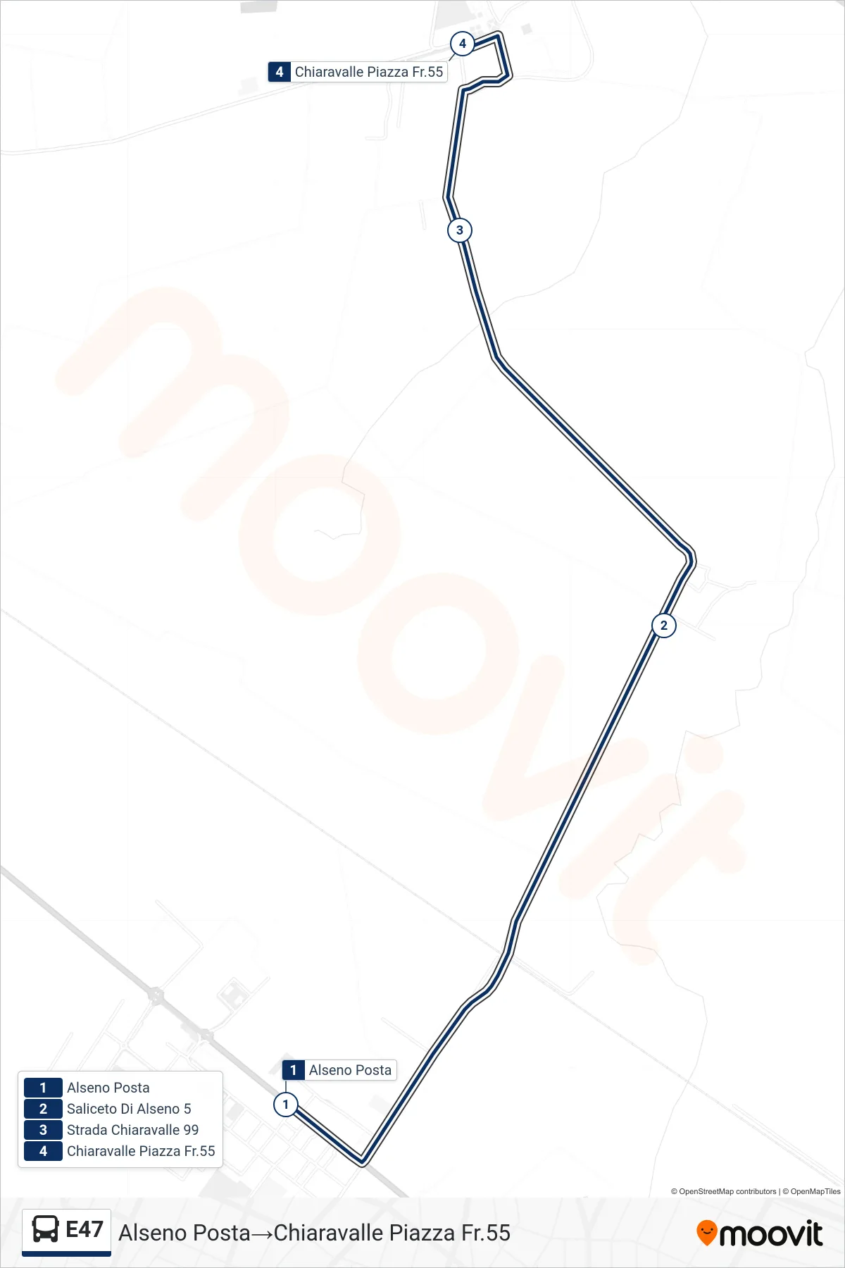 Linea E47  bus (Alseno Posta‎→Chiaravalle Piazza Fr.55) - Percorsi e fermate sulla mappa