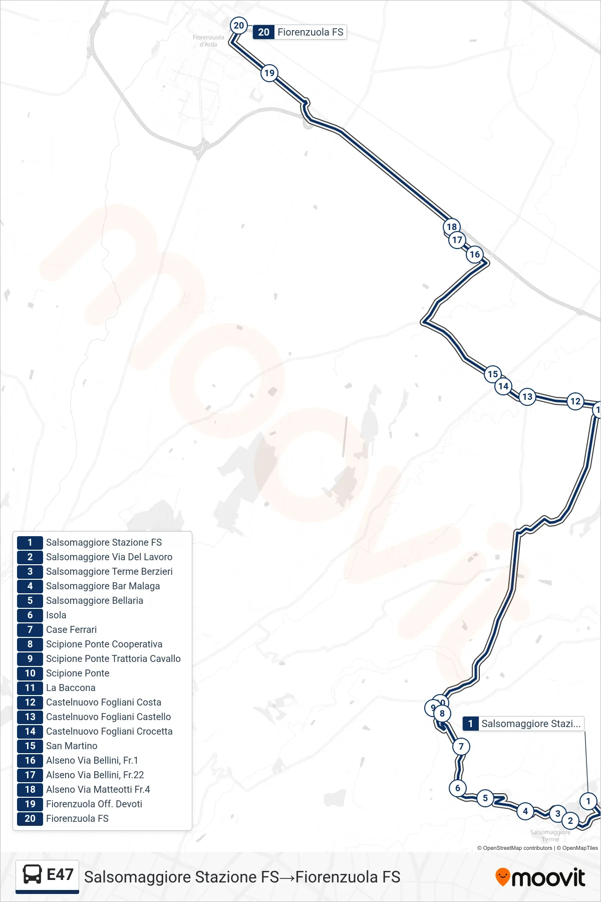 Linea E47 bus (Salsomaggiore Stazione FS→Fiorenzuola FS) - Percorsi e fermate sulla mappa