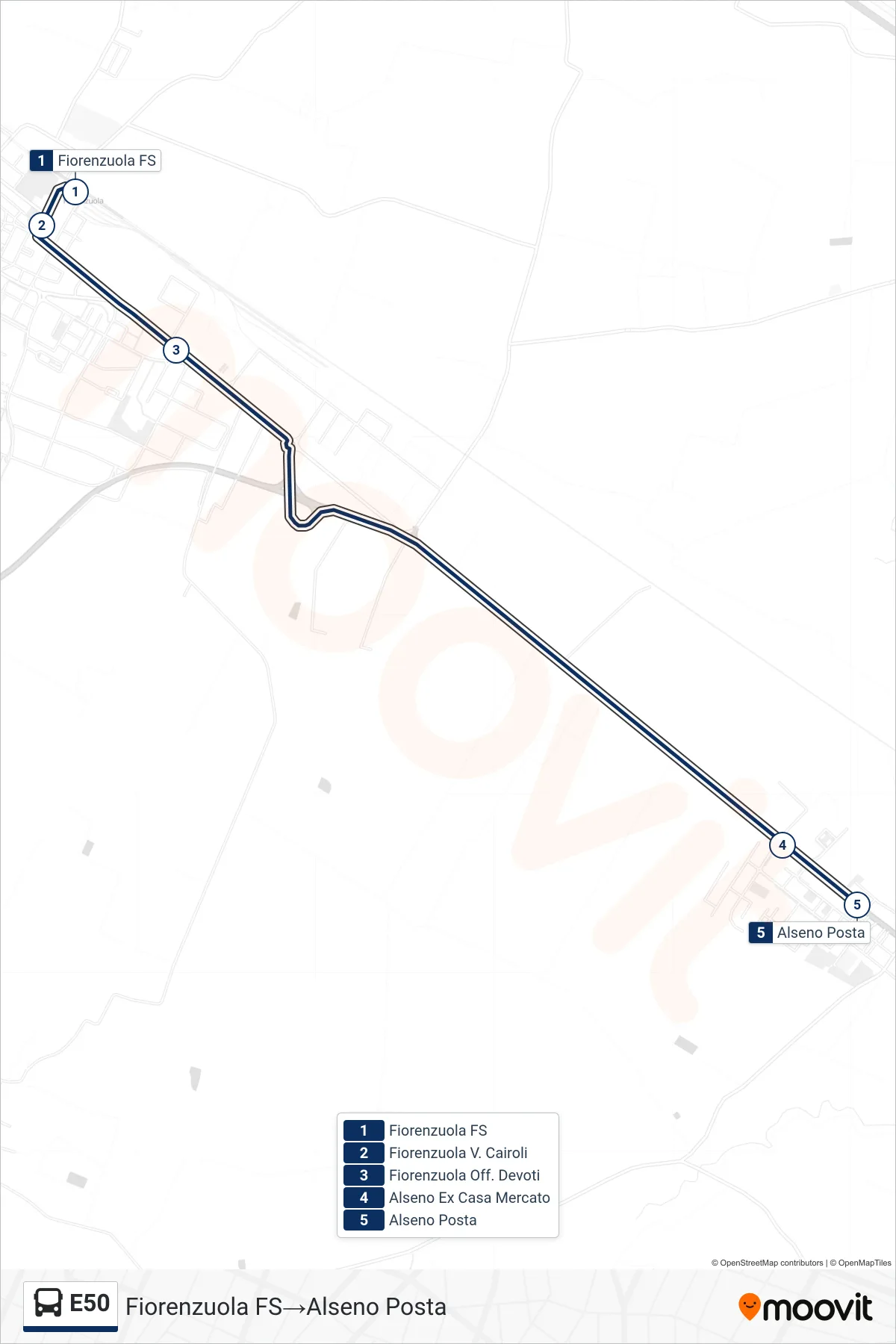 Linea E50 bus (Fiorenzuola FS→Alseno Posta) - Percorsi e fermate sulla mappa