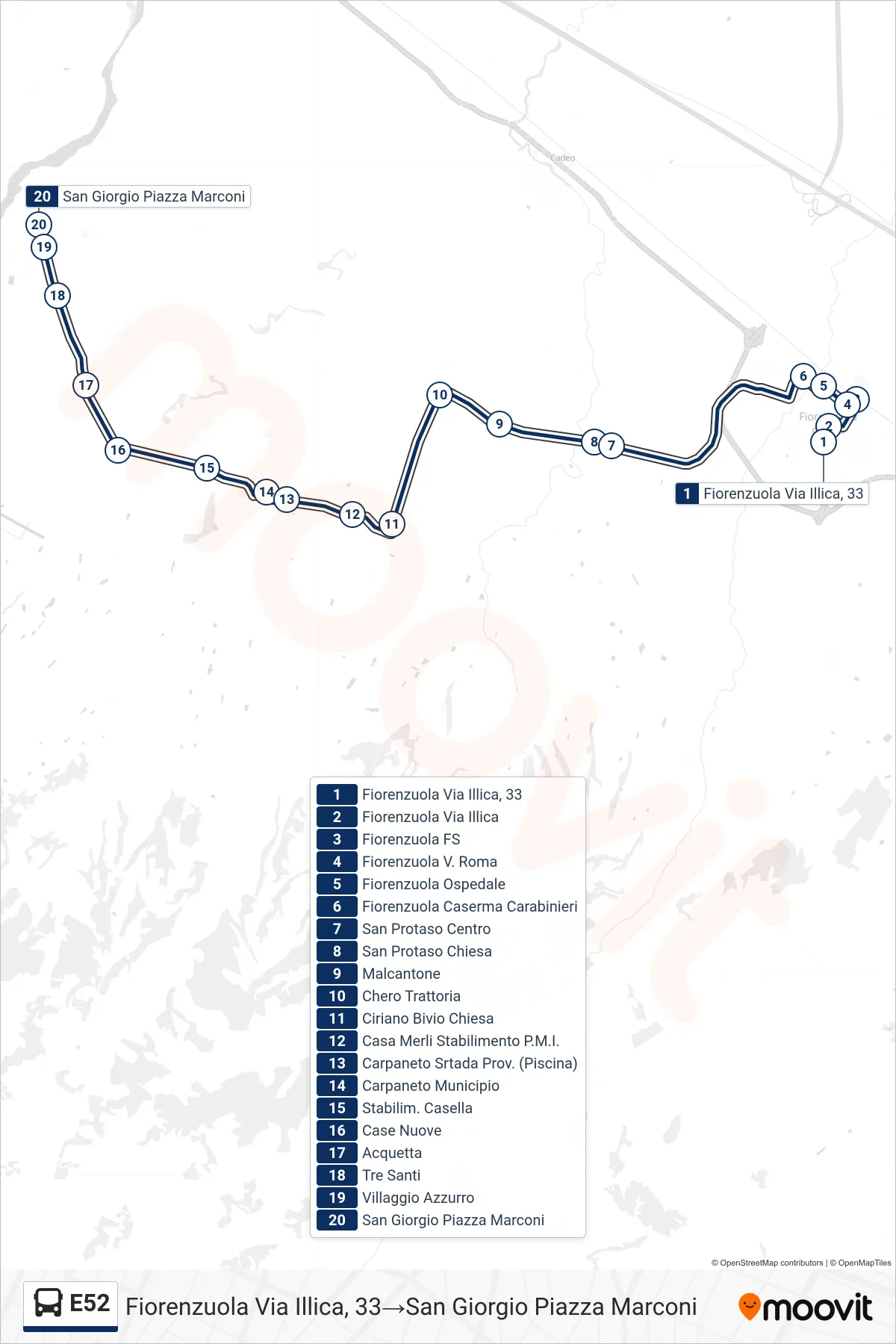 Linea E52 bus (Fiorenzuola Via Illica, 33→San Giorgio Piazza Marconi) - Percorsi e fermate sulla mappa