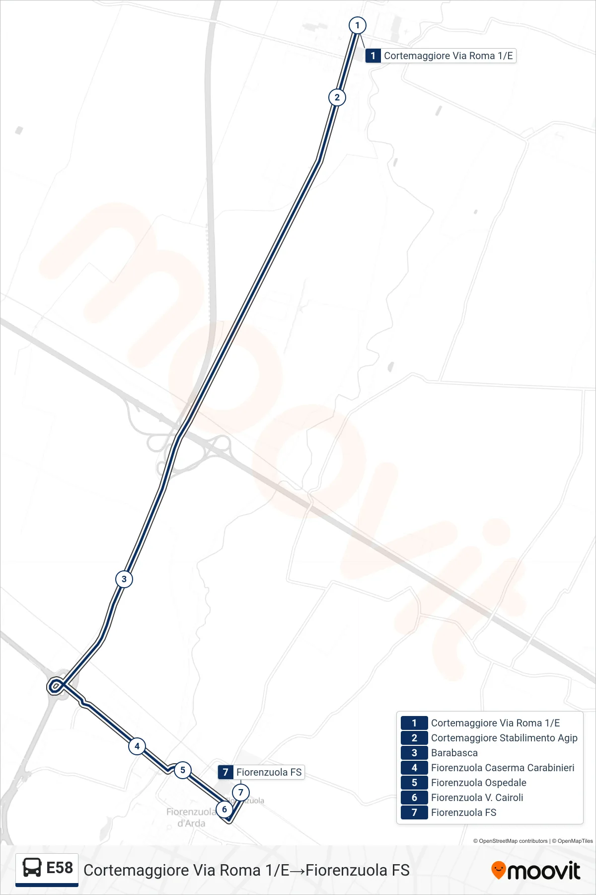 Linea E58 bus (Cortemaggiore Via Roma 1/E→Fiorenzuola FS) - Percorsi e fermate sulla mappa