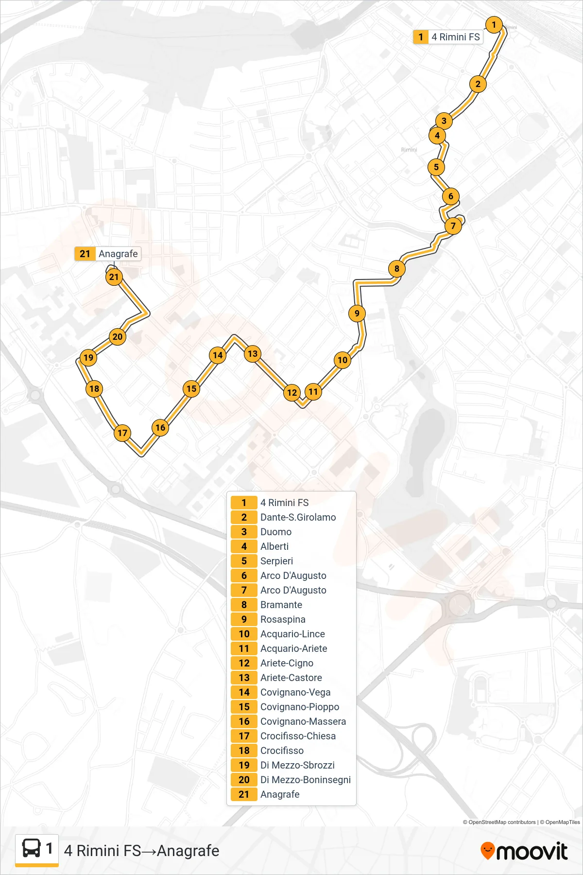 Linea 1  bus (4 Rimini FS‎→Anagrafe) - Percorsi e fermate sulla mappa