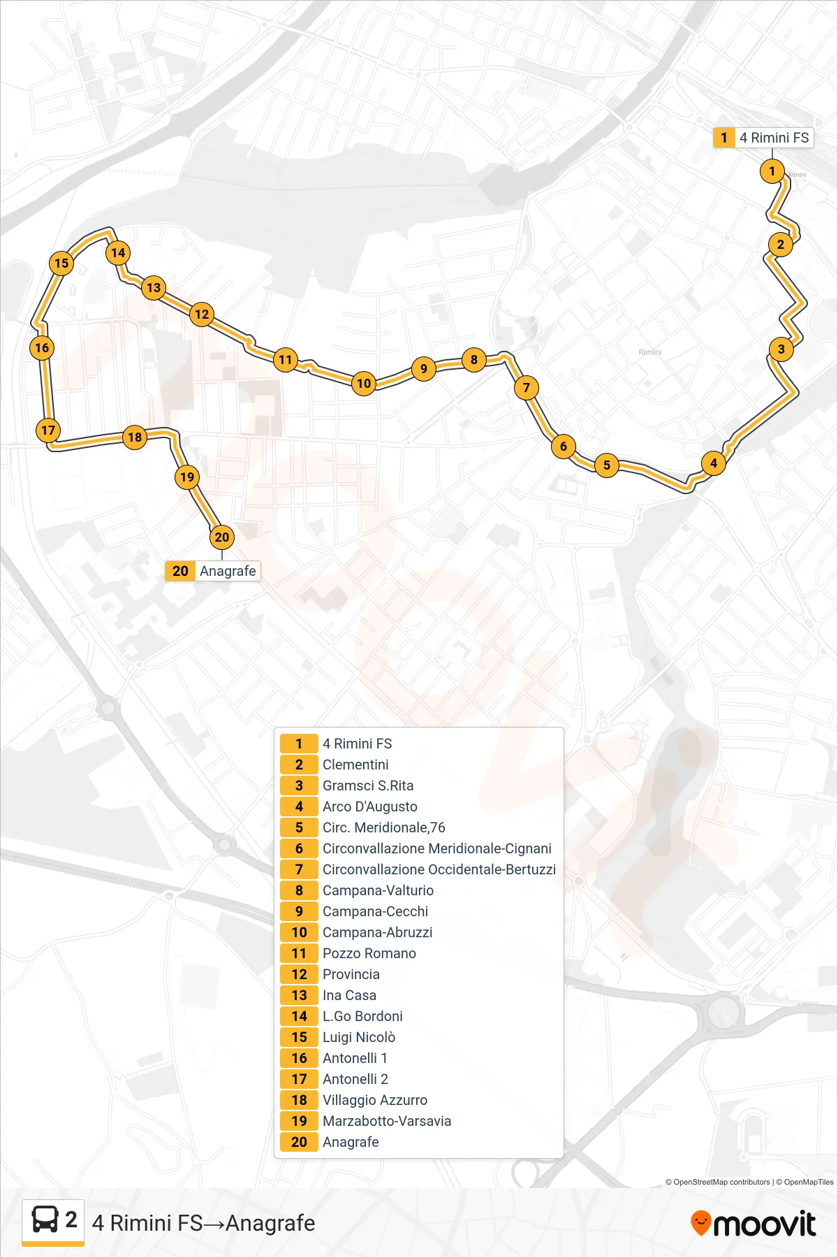 Linea 2 bus (4 Rimini FS→Anagrafe) - Percorsi e fermate sulla mappa