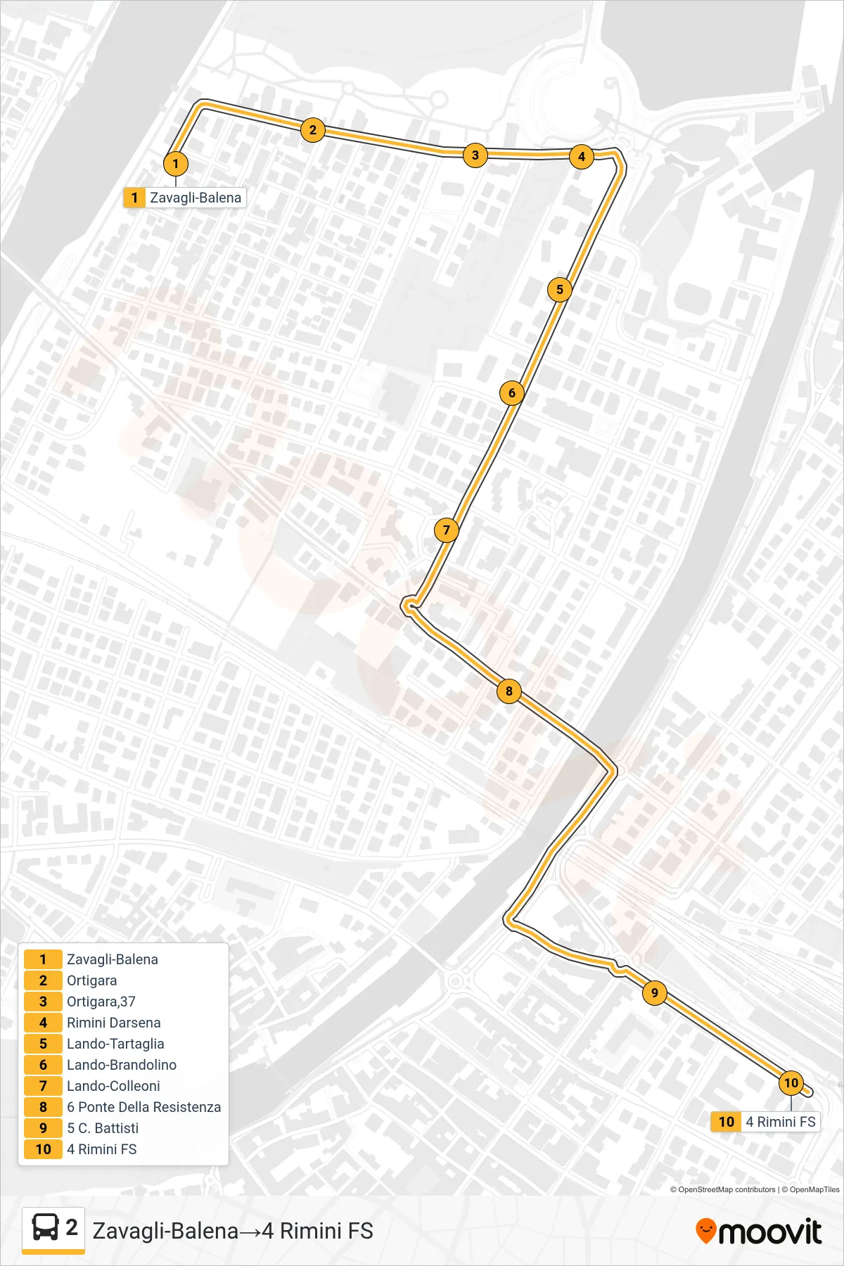 Linea 2 bus (Zavagli-Balena→4 Rimini FS) - Percorsi e fermate sulla mappa