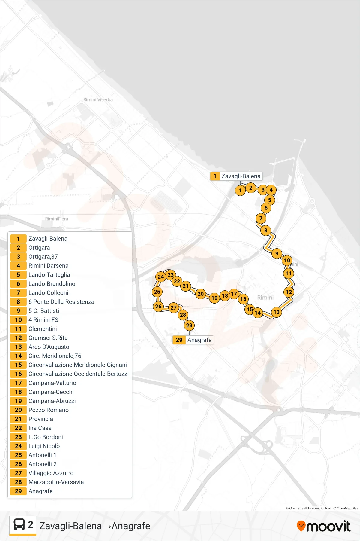 Linea 2 bus (Zavagli-Balena→Anagrafe) - Percorsi e fermate sulla mappa
