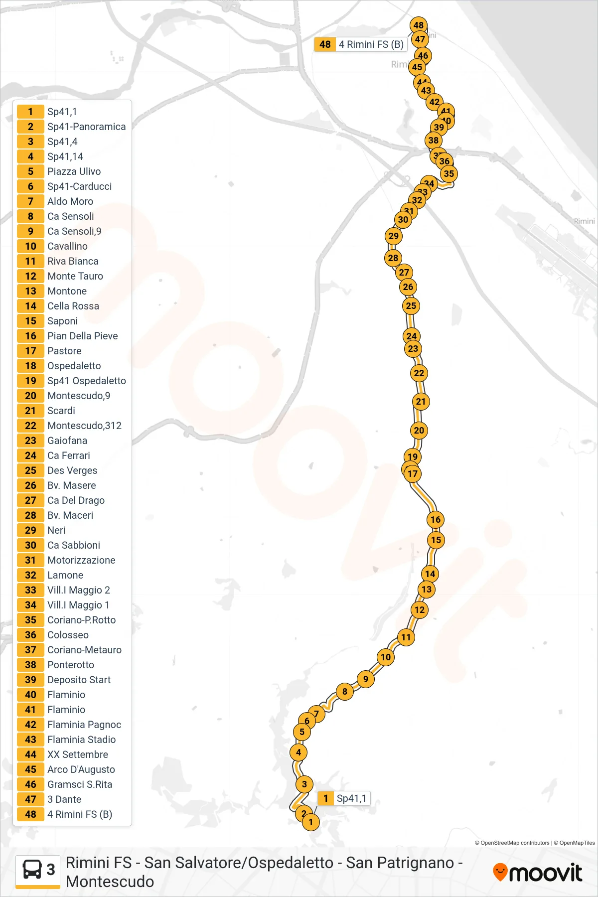 Linea 3 bus (Sp41,1→4 Rimini FS (B)) - Percorsi e fermate sulla mappa