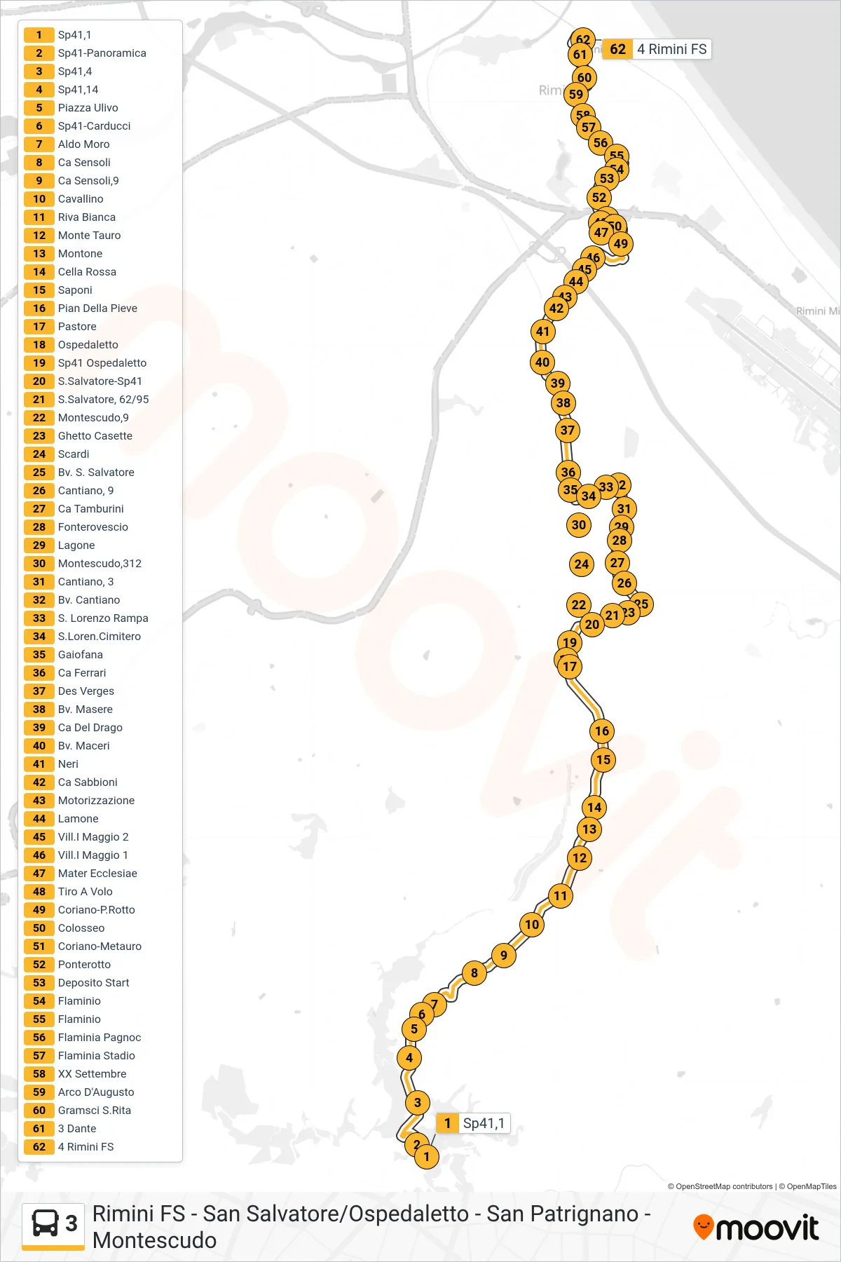 Linea 3 bus (Sp41,1→4 Rimini FS) - Percorsi e fermate sulla mappa