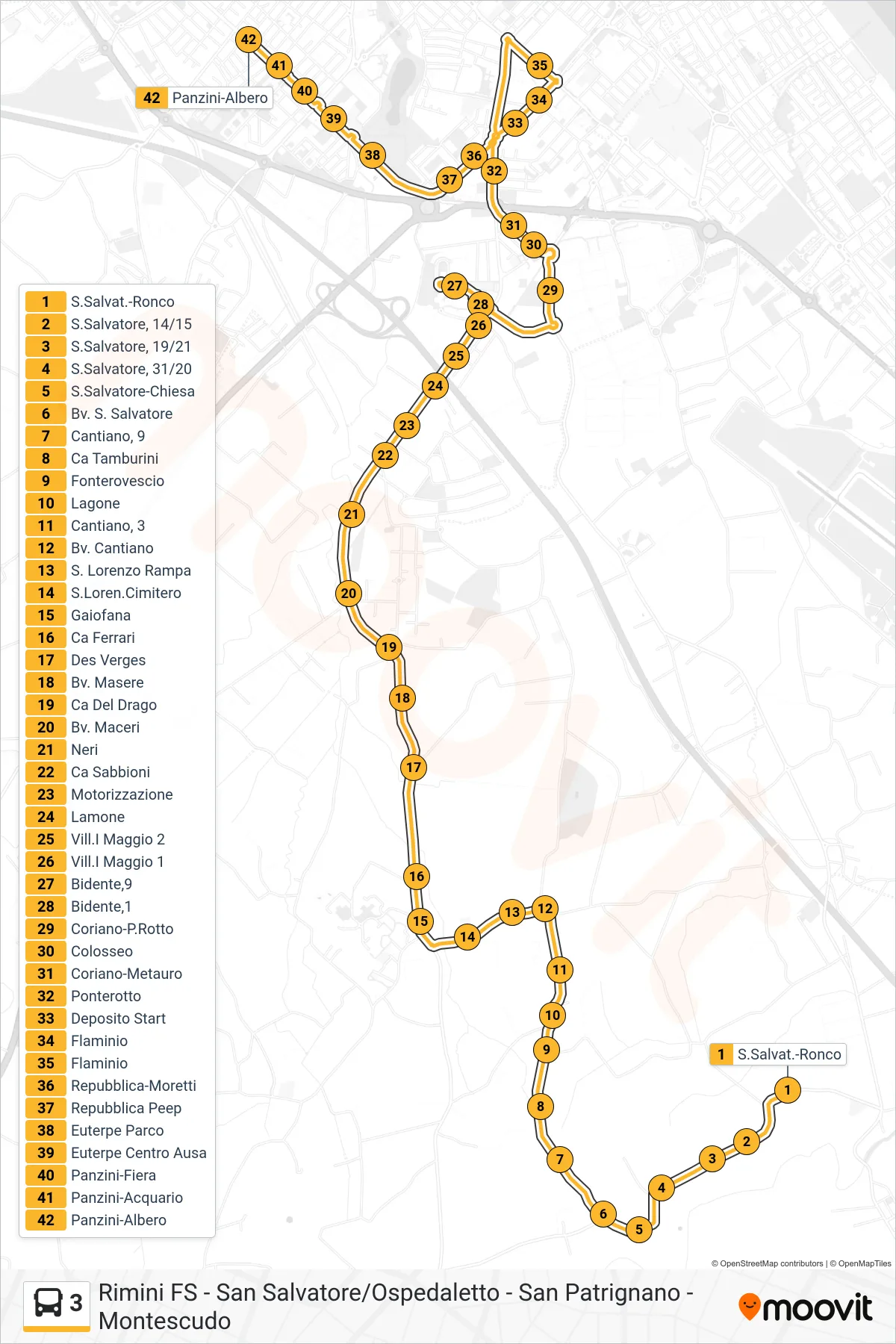 Linea 3 bus (S.Salvat.-Ronco→Panzini-Albero) - Percorsi e fermate sulla mappa