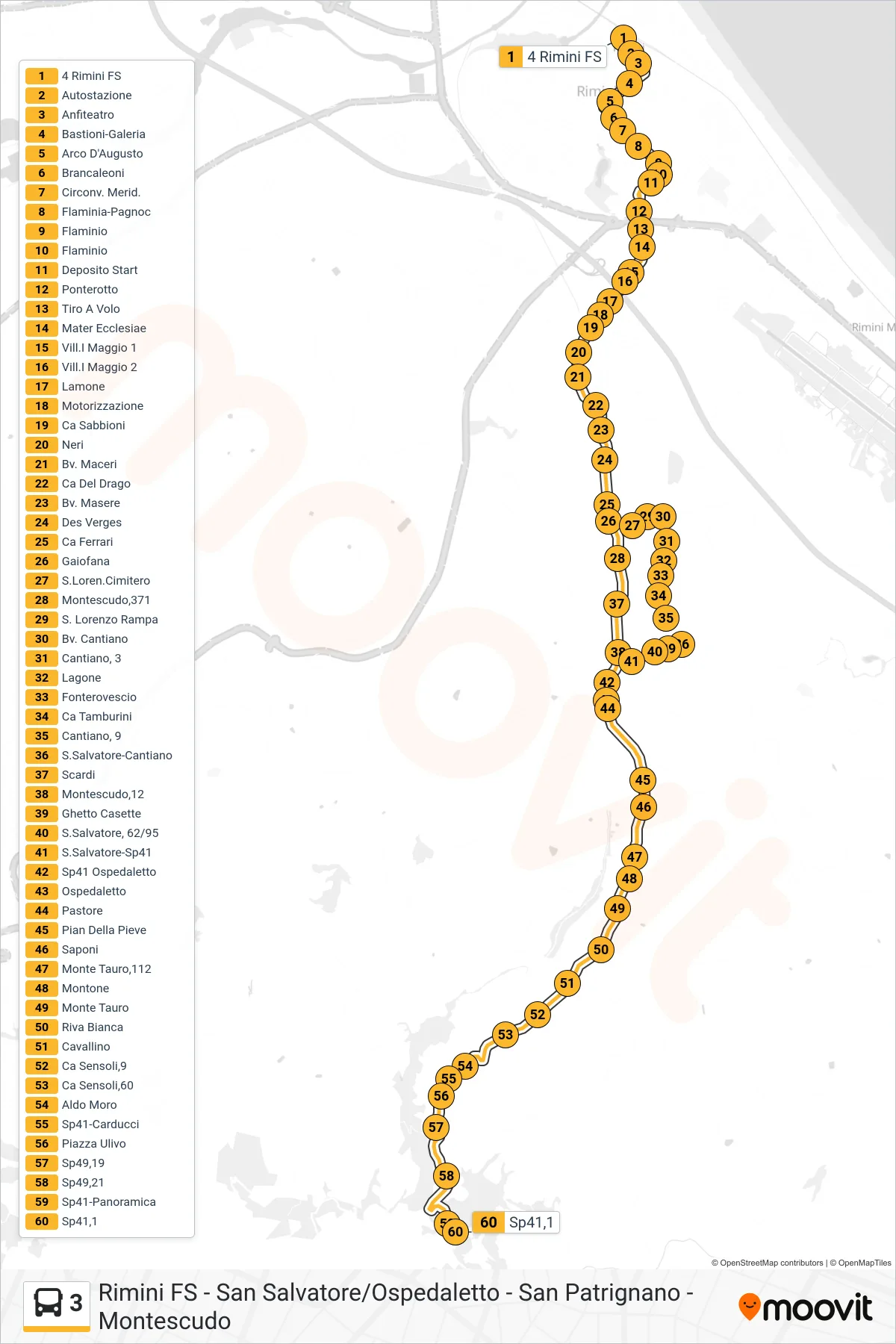 Linea 3  bus (4 Rimini FS‎→Sp41,1) - Percorsi e fermate sulla mappa