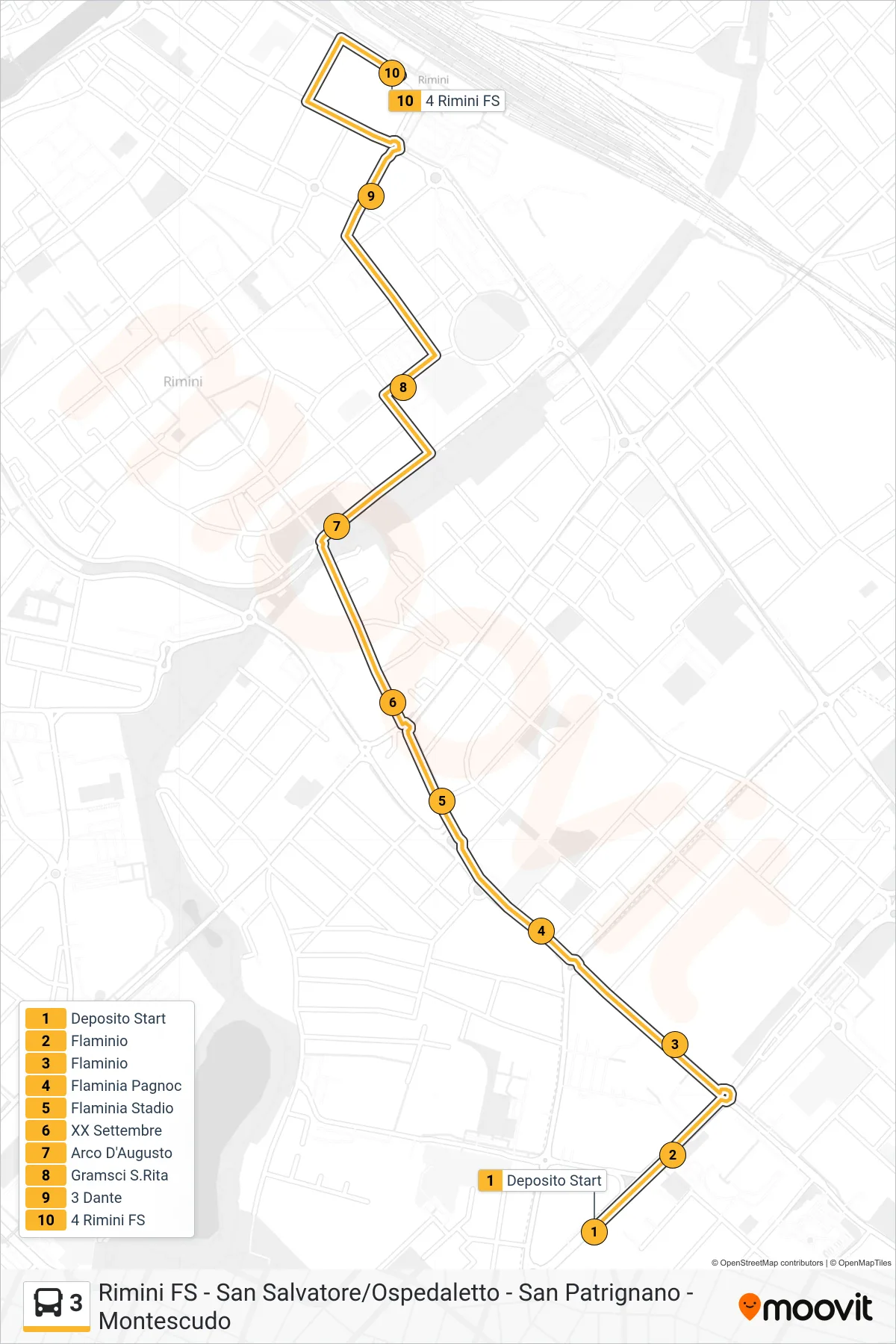 Linea 3 bus (Deposito Start→4 Rimini FS) - Percorsi e fermate sulla mappa