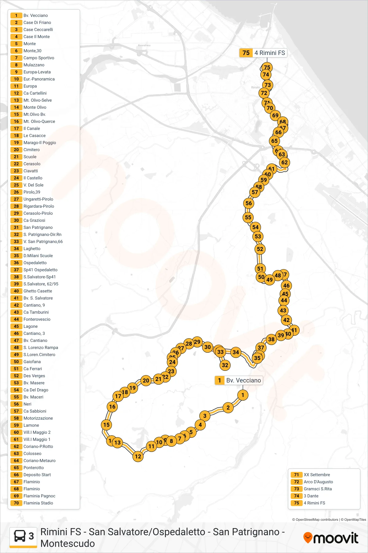 Linea 3  bus (Bv. Vecciano‎→4 Rimini FS) - Percorsi e fermate sulla mappa