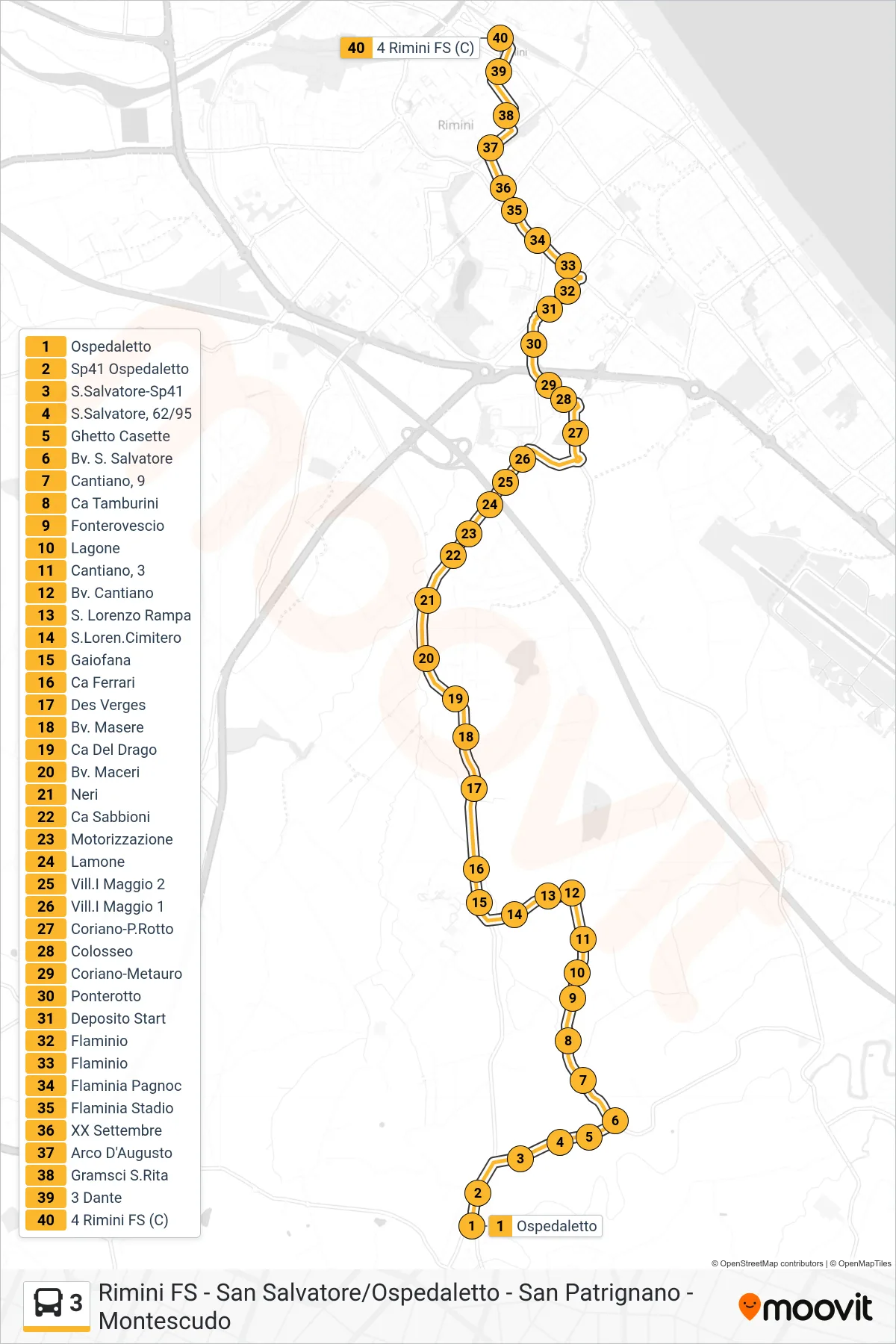Linea 3 bus (Ospedaletto→4 Rimini FS (C)) - Percorsi e fermate sulla mappa