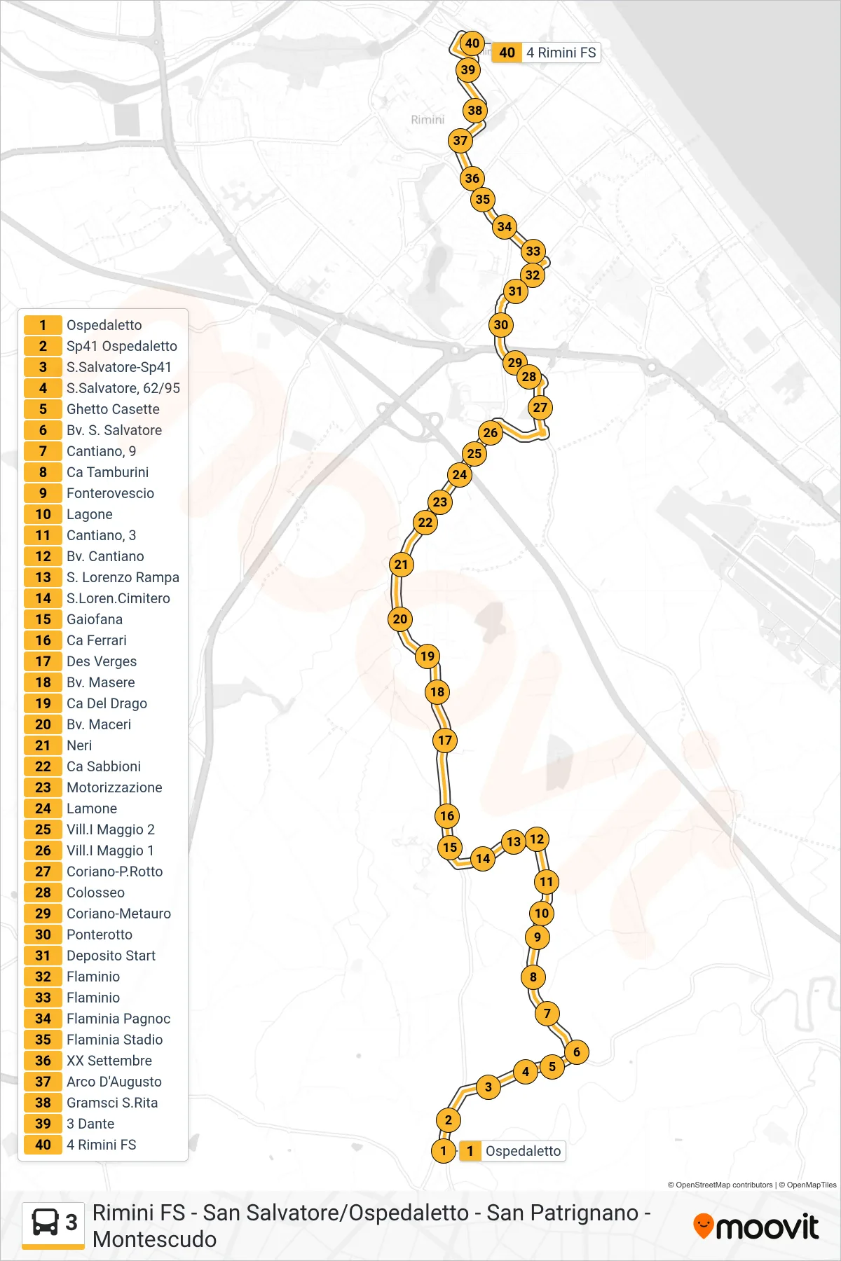 Linea 3  bus (Ospedaletto‎→4 Rimini FS) - Percorsi e fermate sulla mappa