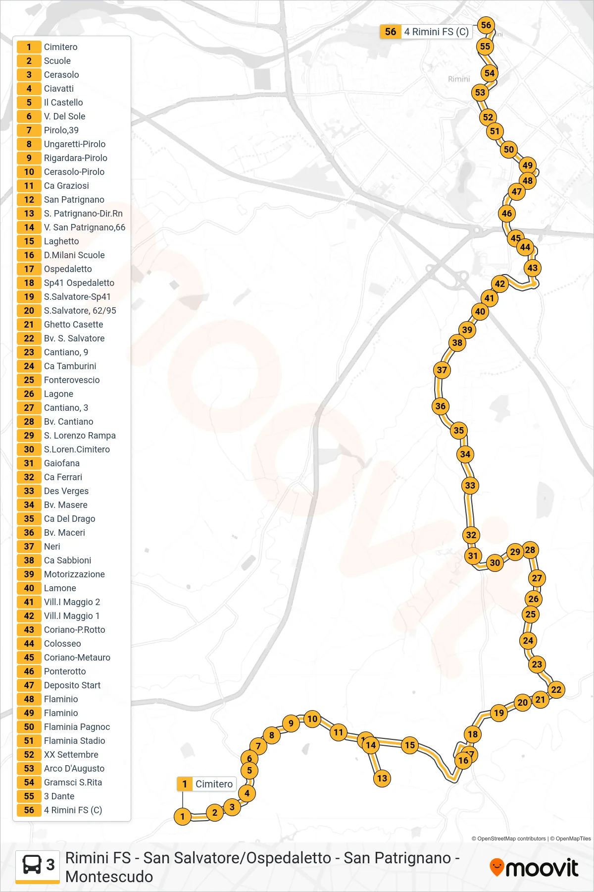 Linea 3 bus (Cimitero→4 Rimini FS (C)) - Percorsi e fermate sulla mappa